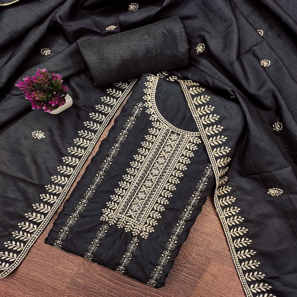 Black Cotton Blend Dress Material with Delicate Floral Zari Embroidery