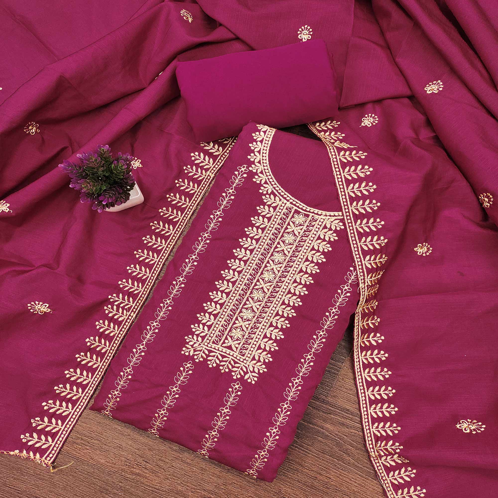 Pink Cotton Blend Dress Material with Delicate Floral Zari Embroidery