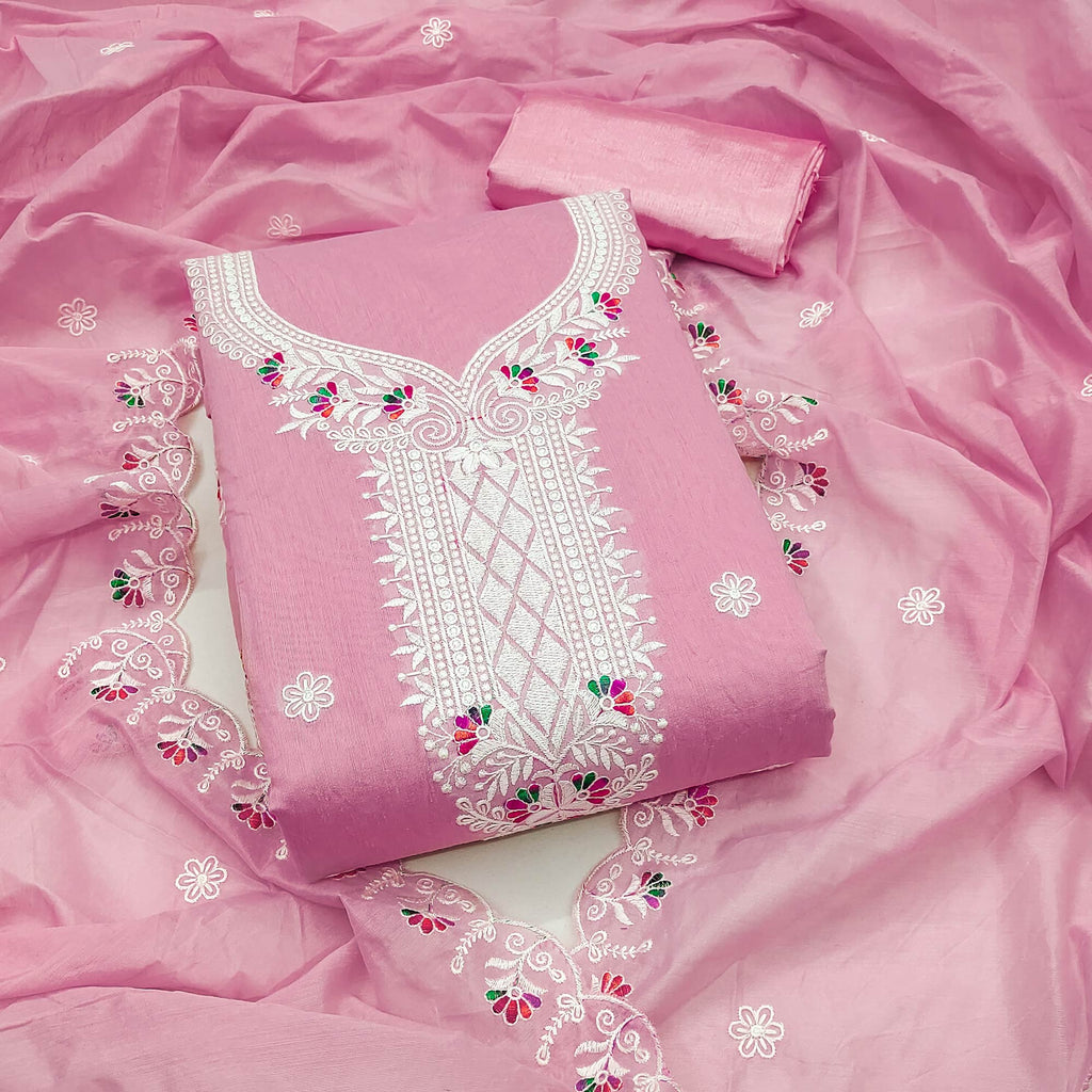Pink Cambric Cotton Dress Material With Elegant Floral Embroidery Work