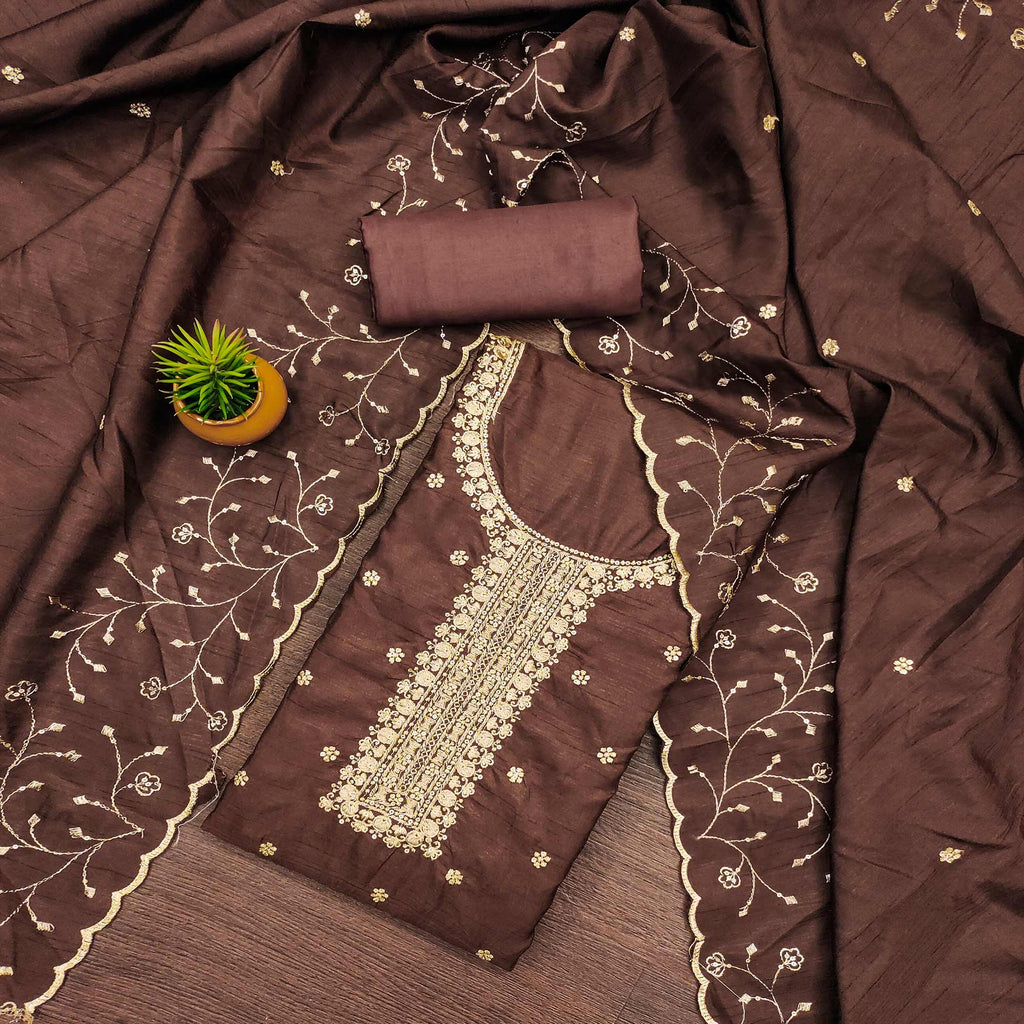 Brown Cotton Silk Unstitched Dress Material Featuring Delicate Jalpari Embroidery