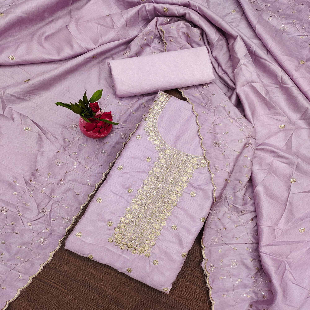 Lavender Cotton Silk Unstitched Dress Material Featuring Delicate Jalpari Embroidery