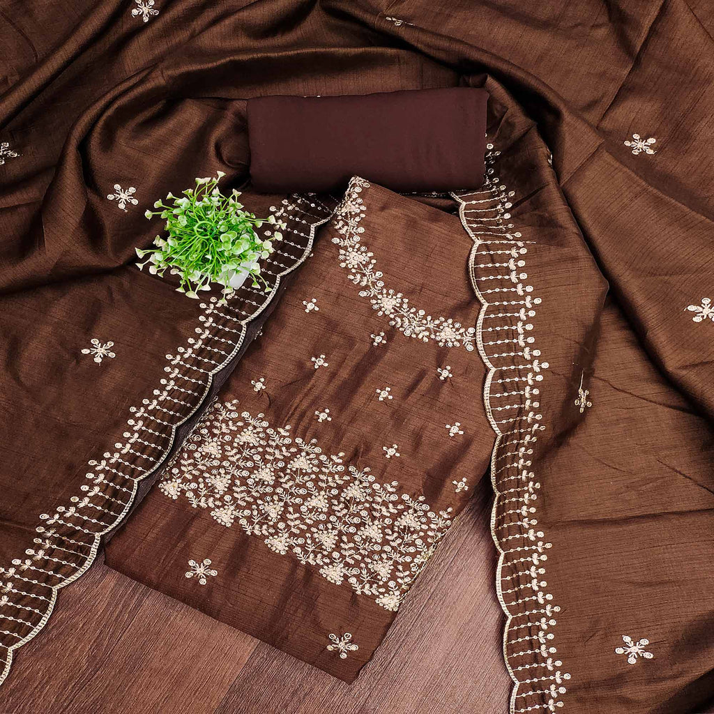 Brown Cotton Silk Dress Material with Traditional Jalpari Embroidery