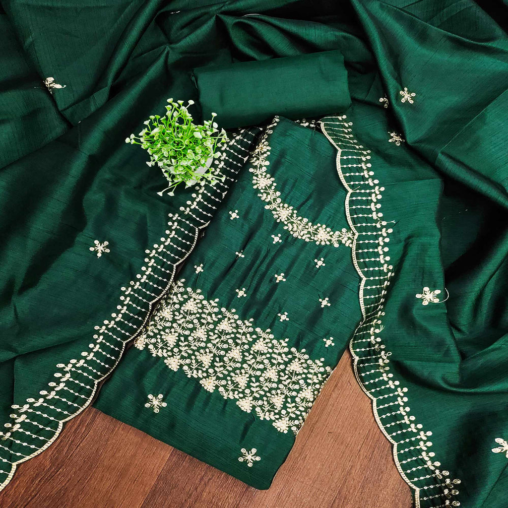 Green Cotton Silk Dress Material with Traditional Jalpari Embroidery