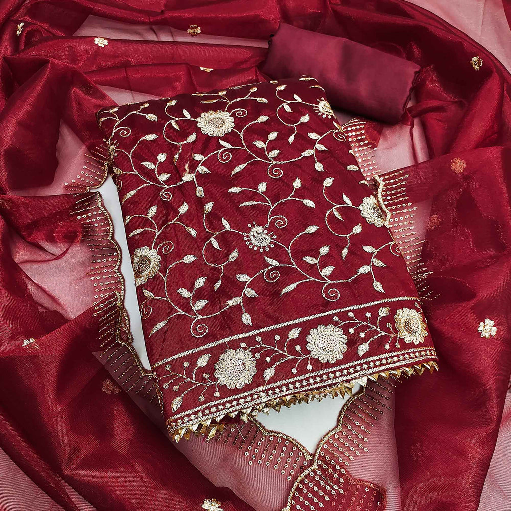 Maroon Unstitched Suit Material with Fine Floral Embroidery on Sheer Twill Net