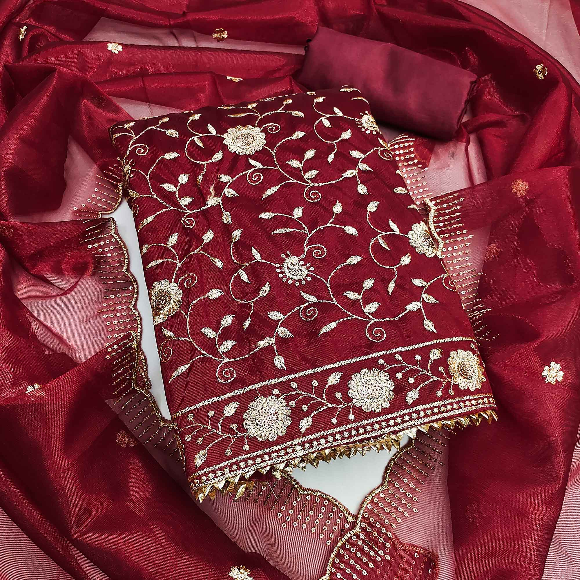 Maroon Unstitched Suit Material with Fine Floral Embroidery on Sheer Twill Net