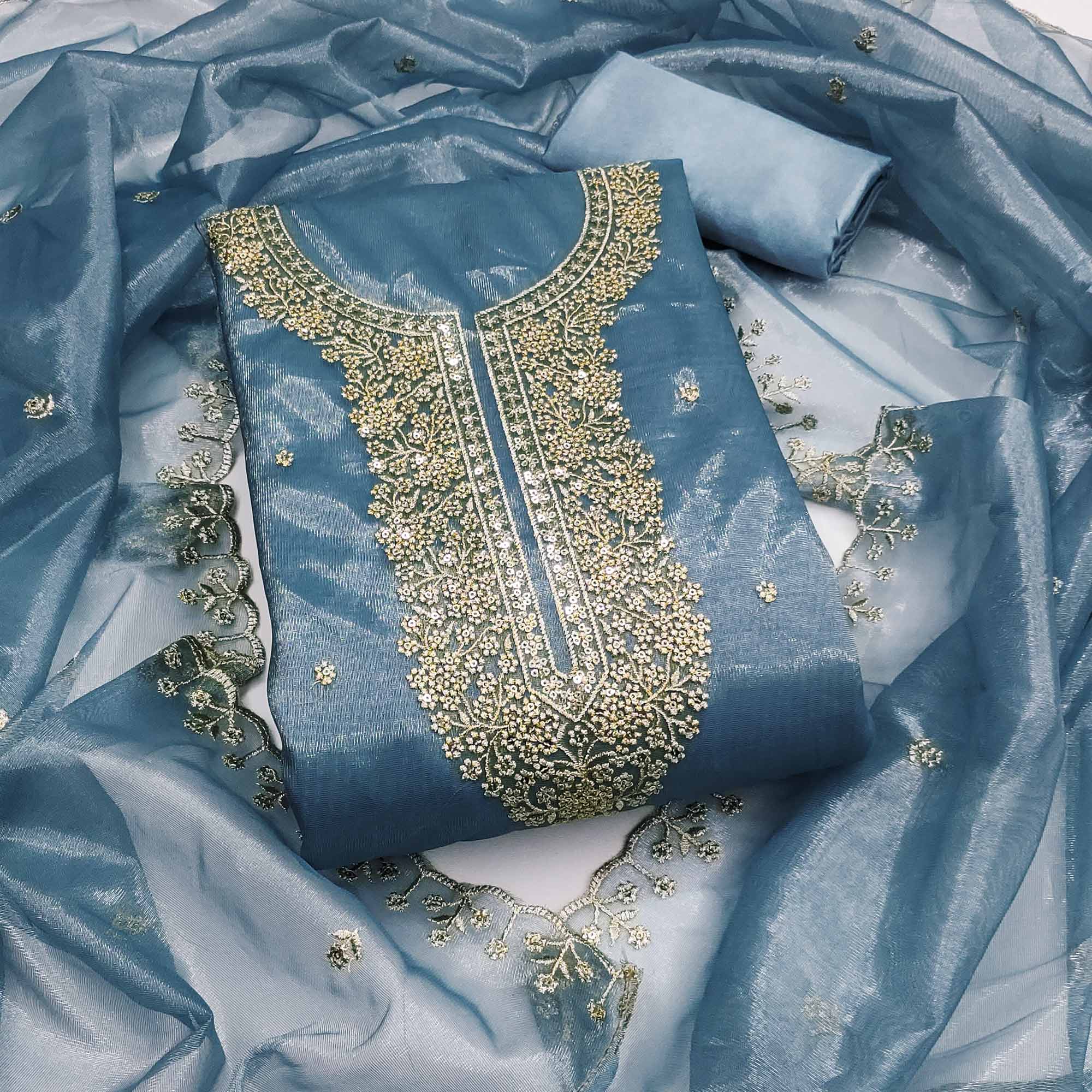 Blue Designer Suit Material in Sheer Twill Net with Thread Embroidered Patterns