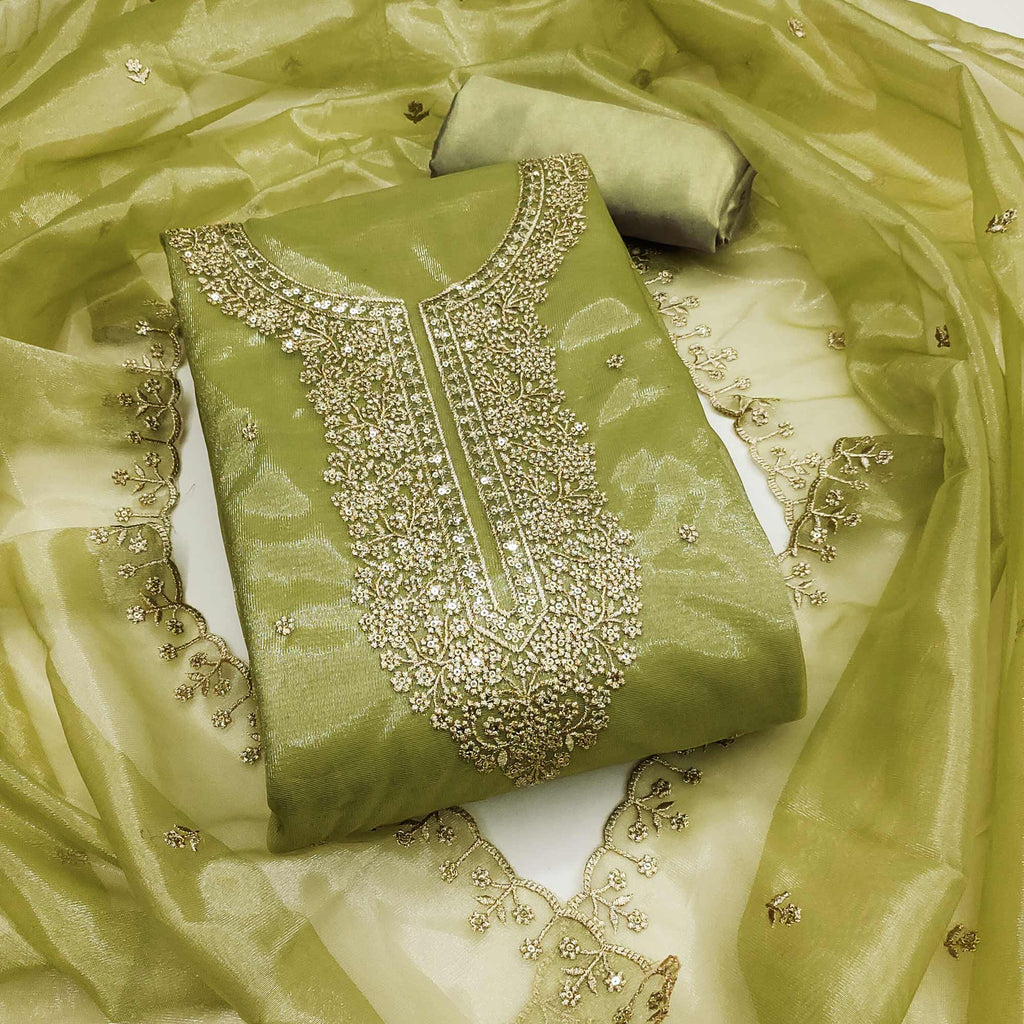 Green Designer Suit Material in Sheer Twill Net with Thread Embroidered Patterns