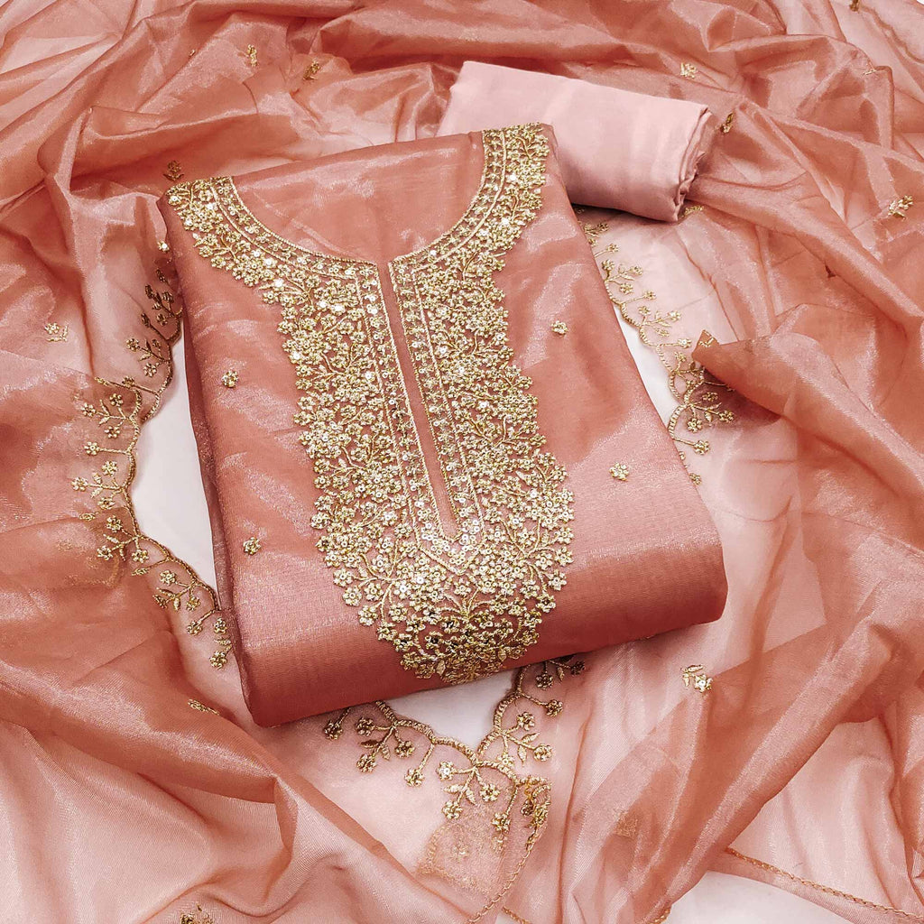 Peach Designer Suit Material in Sheer Twill Net with Thread Embroidered Patterns