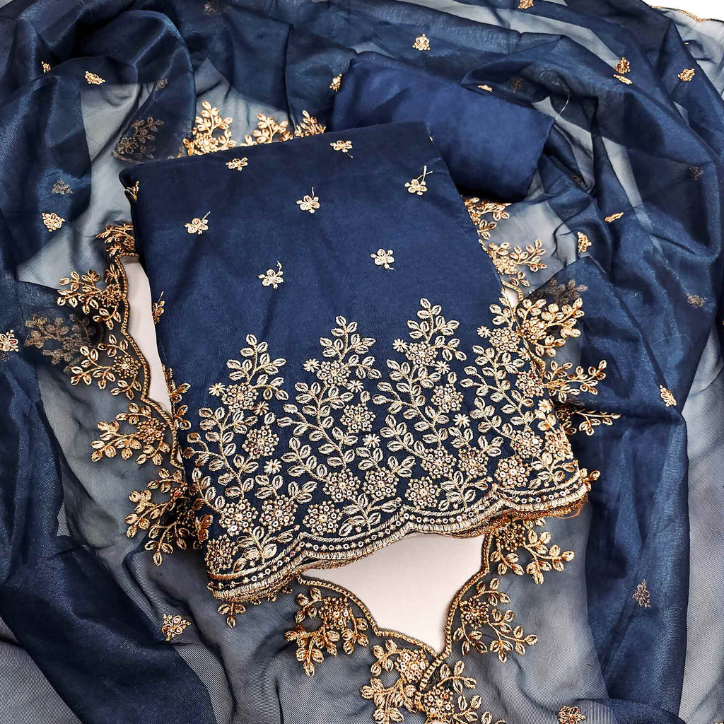 Blue Ethnic Twill Net Dress Material Embellished with Ornate Thread Embroidery