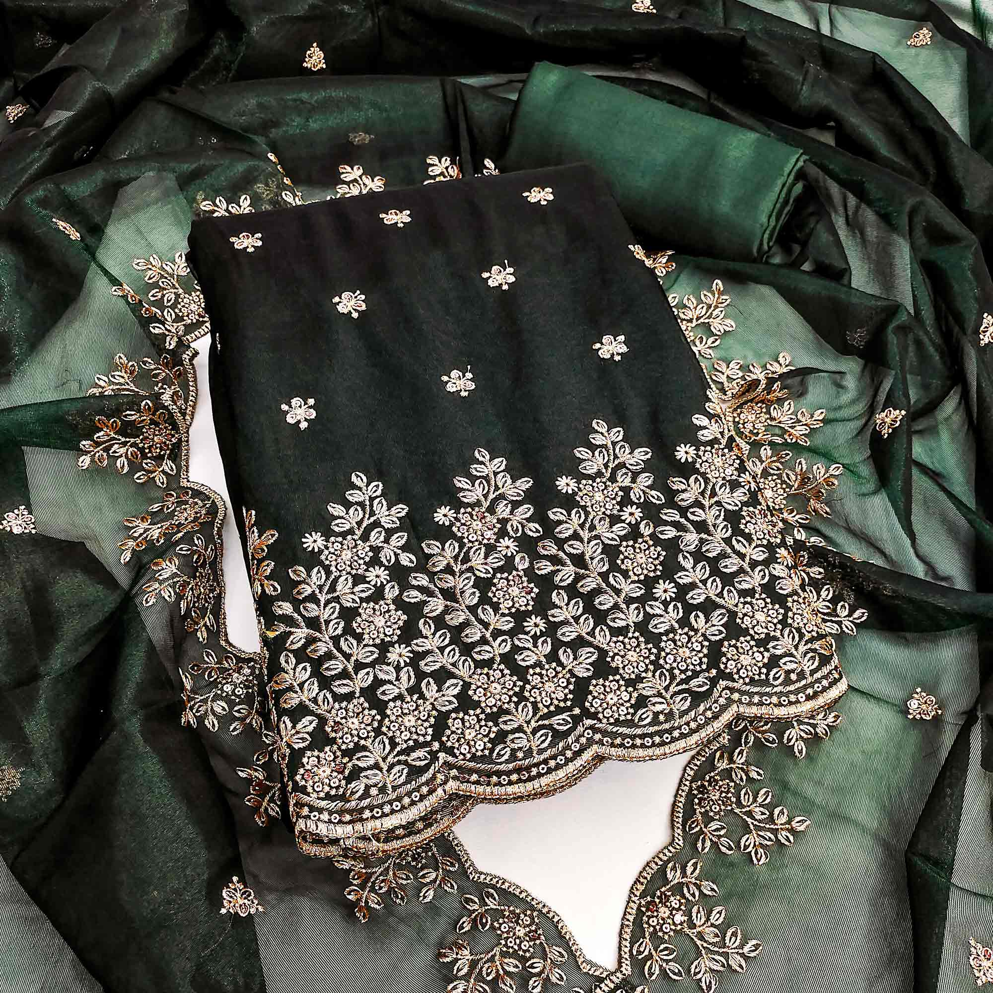 Bottle Green Ethnic Twill Net Dress Material Embellished with Ornate Thread Embroidery