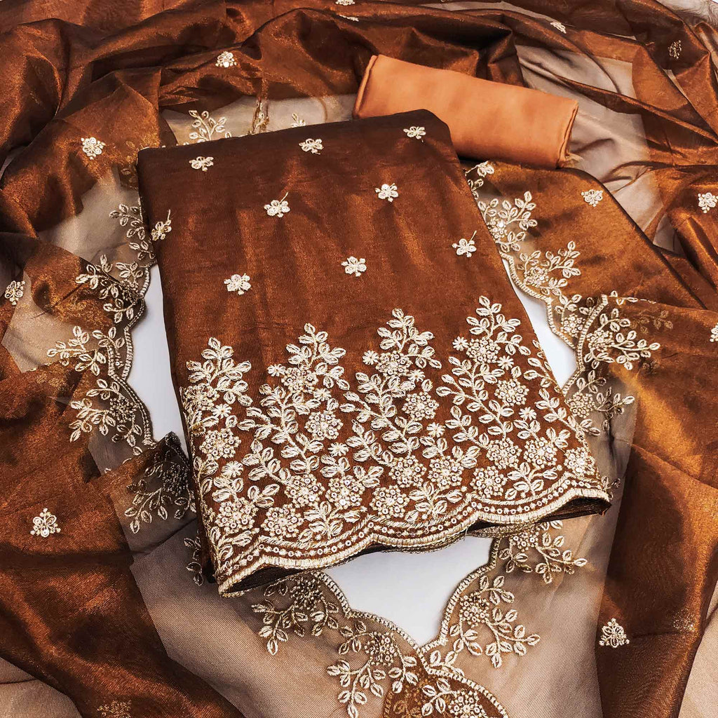 Brown Ethnic Twill Net Dress Material Embellished with Ornate Thread Embroidery