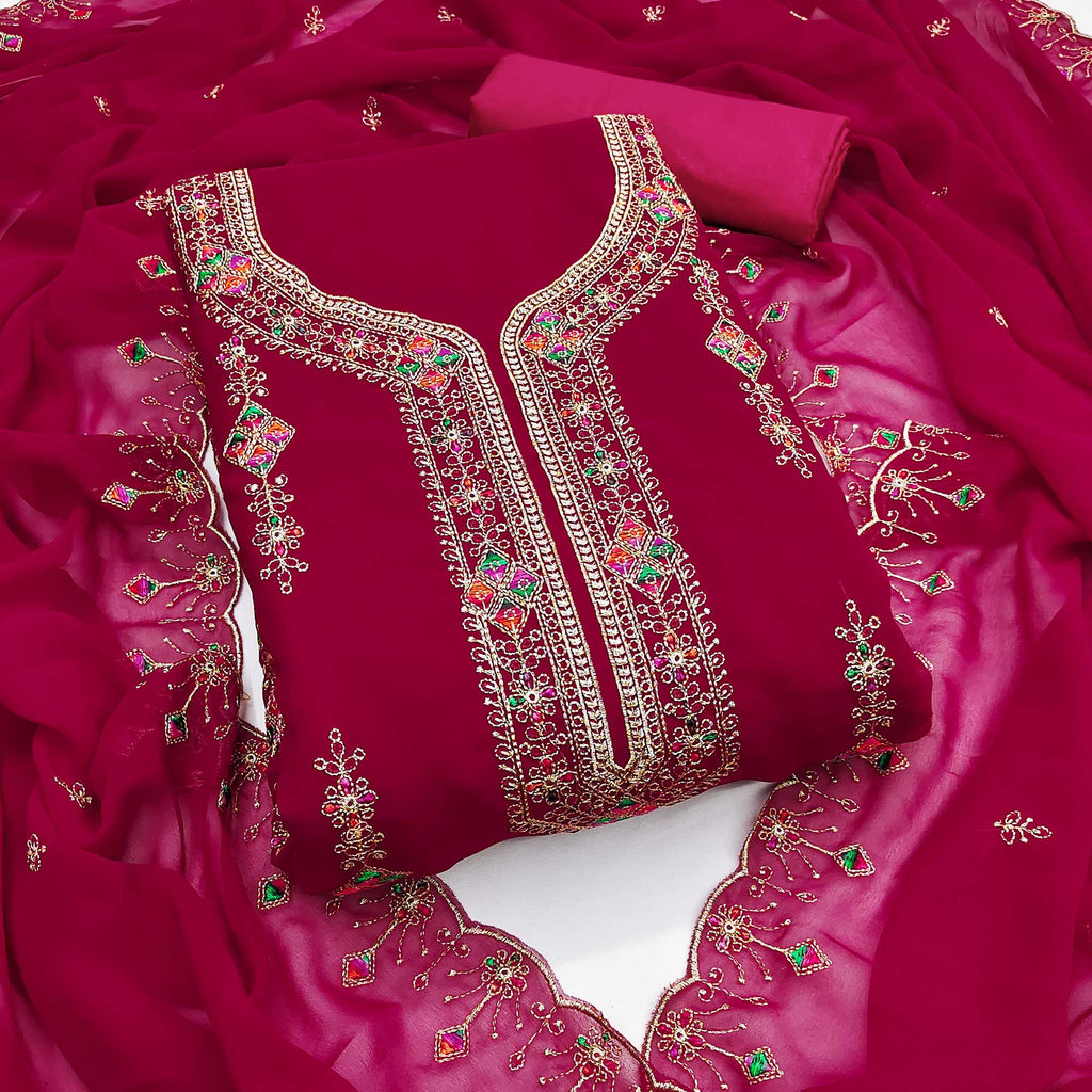 Pink Georgette Dress Material Enhanced With Graceful Floral Embroidery For An Elegant Ethnic Look