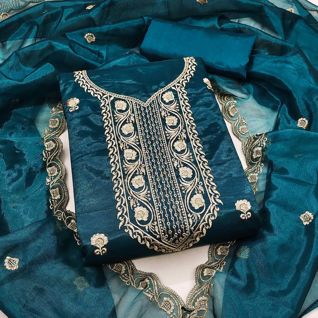 Blue Delight Floral  Embroidered Twill Net Dress Material