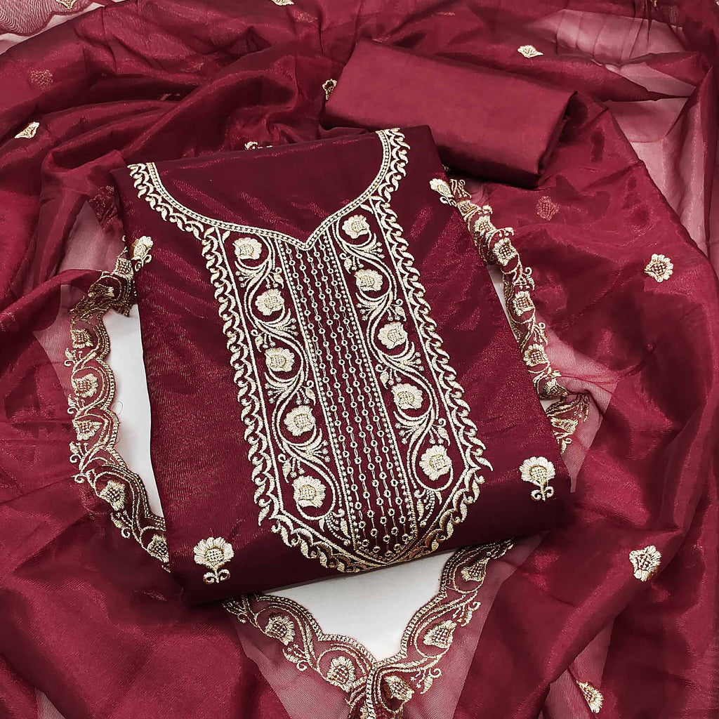 Maroon Delight Floral  Embroidered Twill Net Dress Material