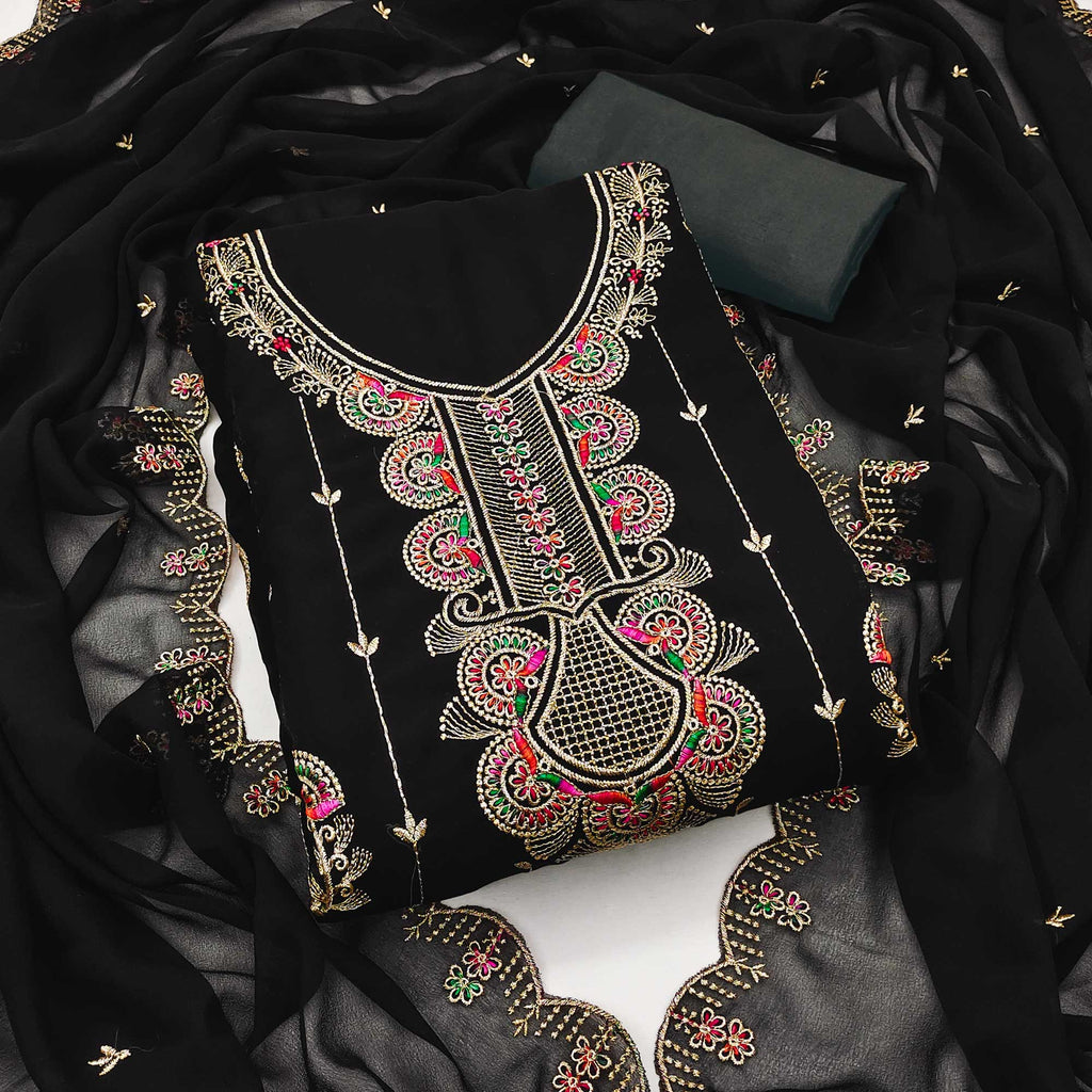 Black Floral Embroidered Unstitched Suit Fabric in Flowing Georgette