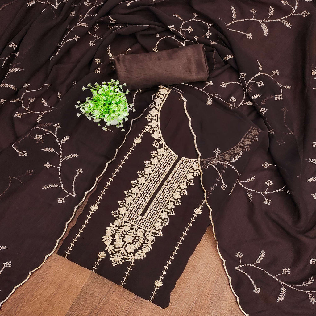 Coffee Brown Georgette Unstitched Dress Material Adorned with Ornate Thread Embroidery
