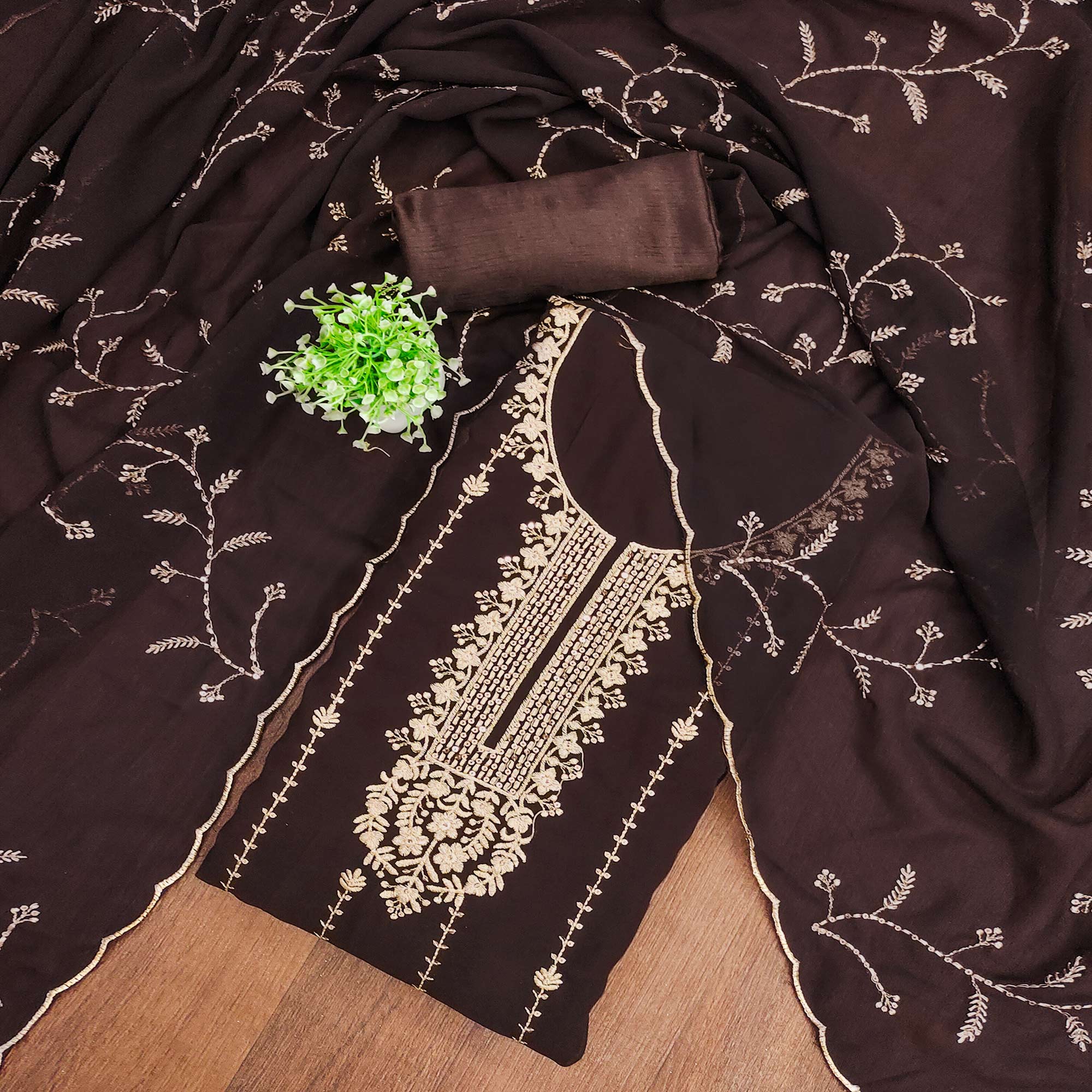 Coffee Brown Georgette Unstitched Dress Material Adorned with Ornate Thread Embroidery