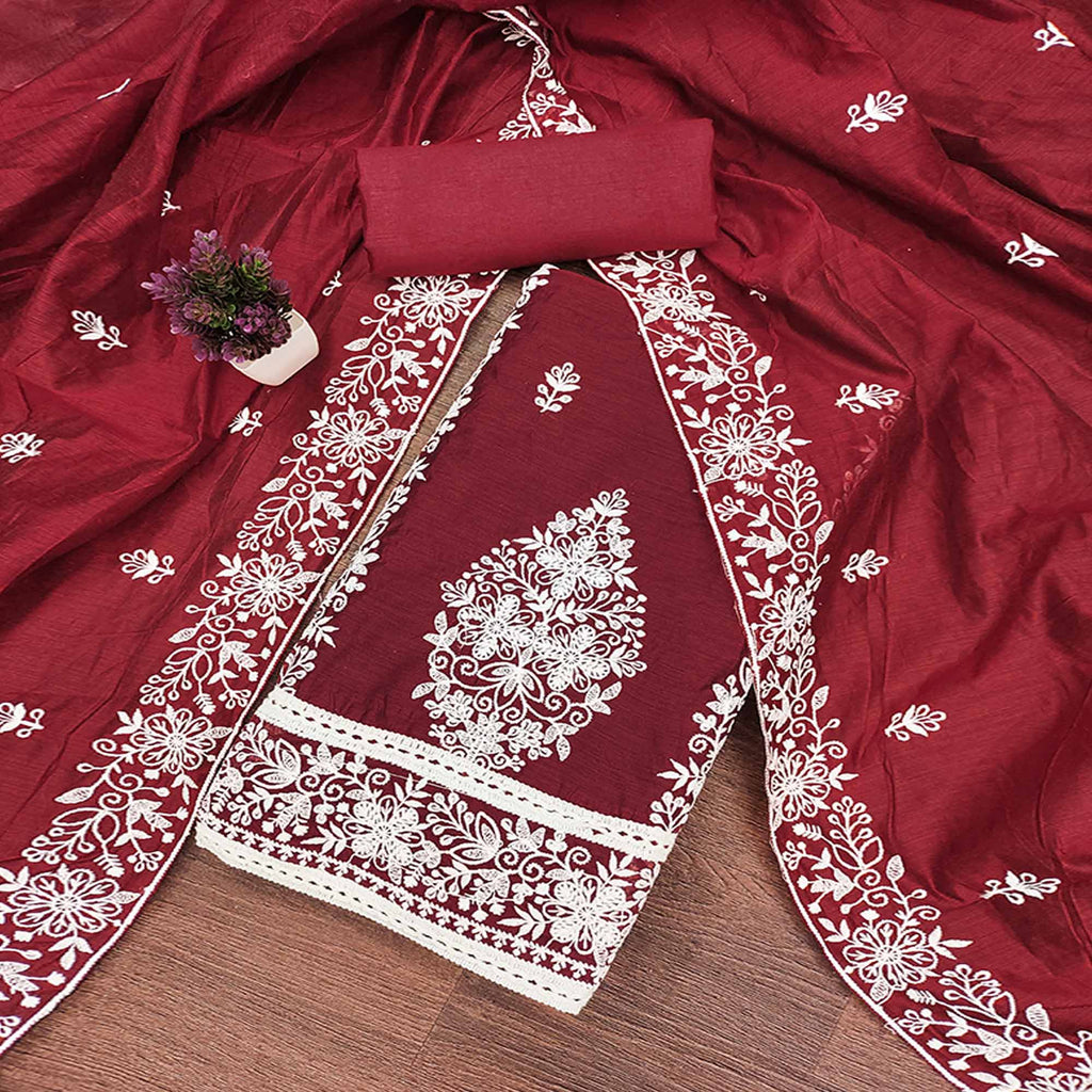 Maroon Chanderi Cotton Dress Material With Graceful Floral Thread Embroidery