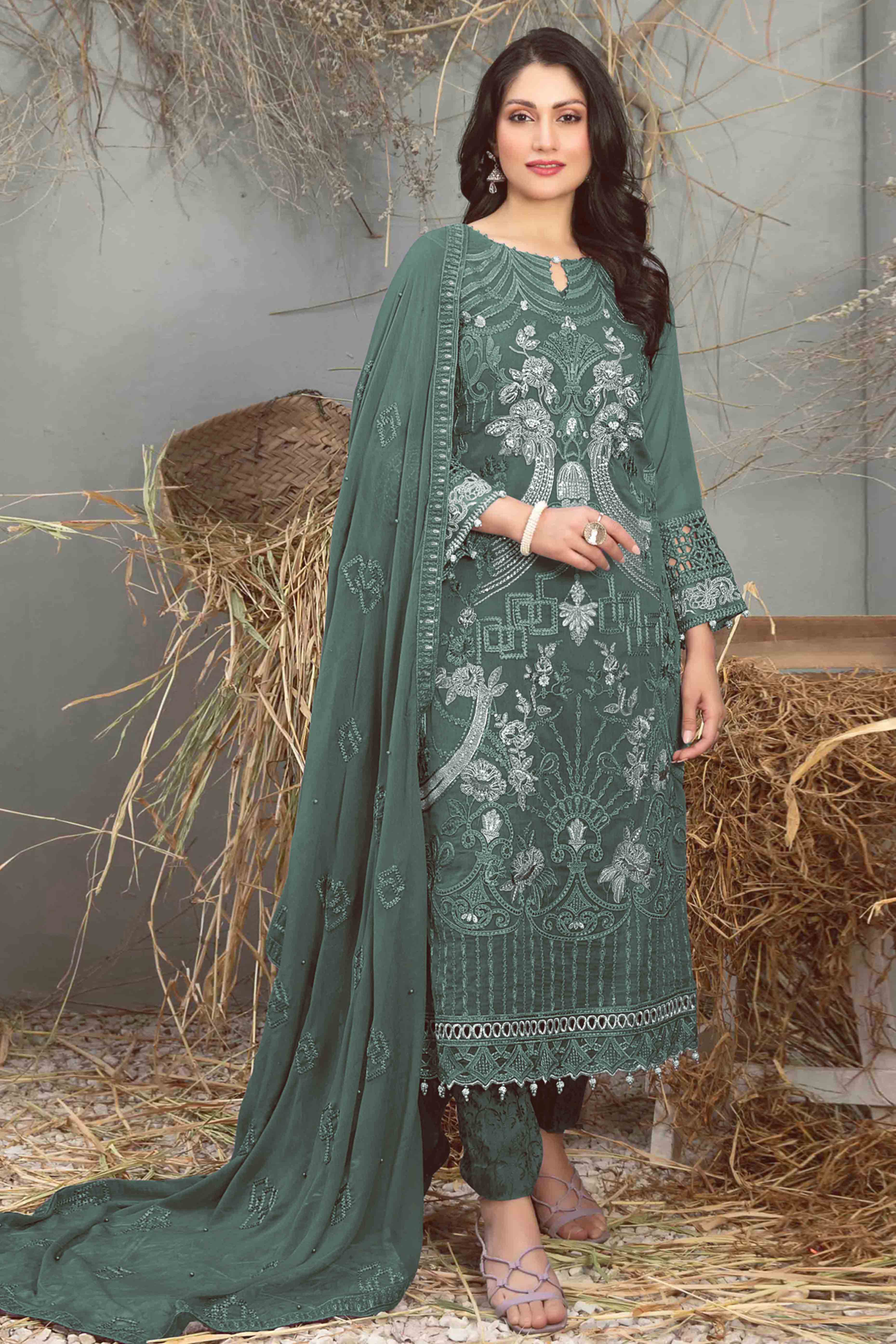 Dusty Green Floral Embroidered Heavy Georgette Dress Material