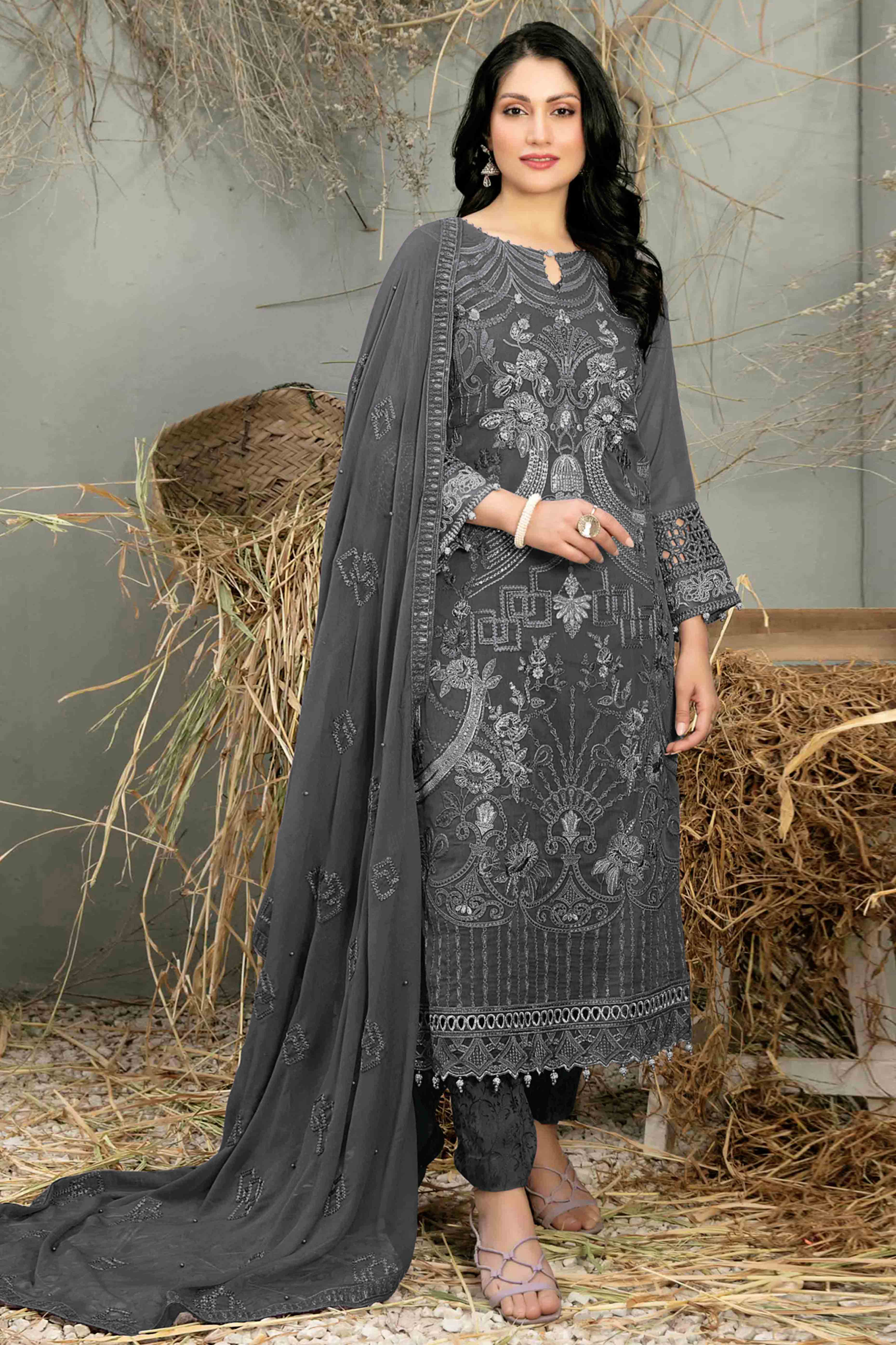 Dark Grey Floral Embroidered Heavy Georgette Dress Material
