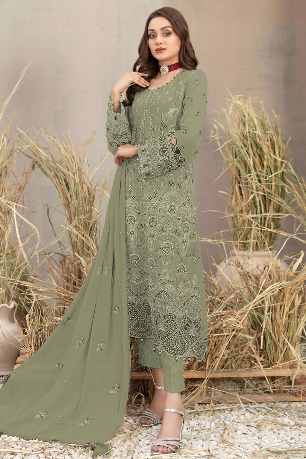 Pastel Green Floral Embroidered Heavy Georgette Dress Material