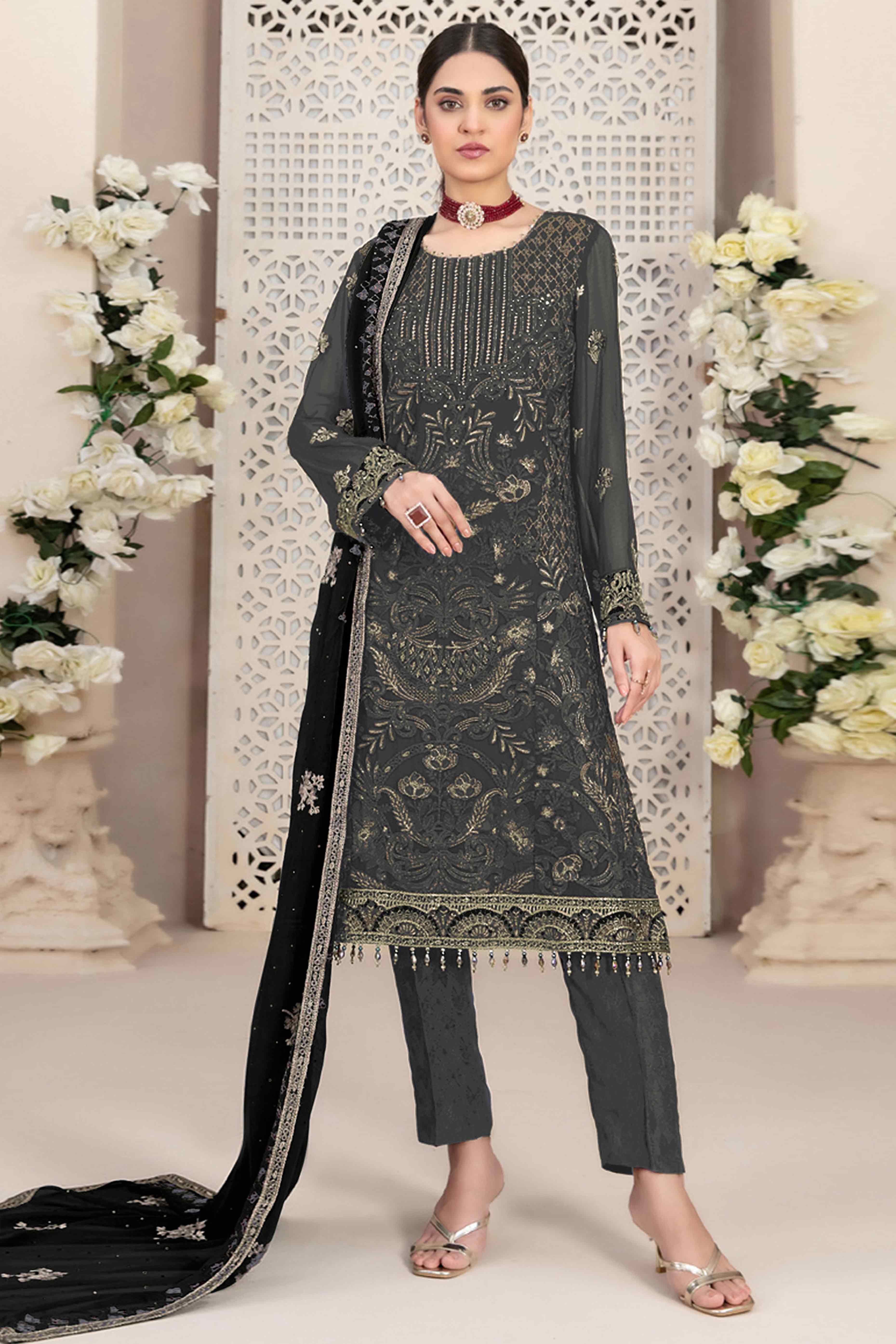 Grey Floral Embroidered Georgette Dress Material