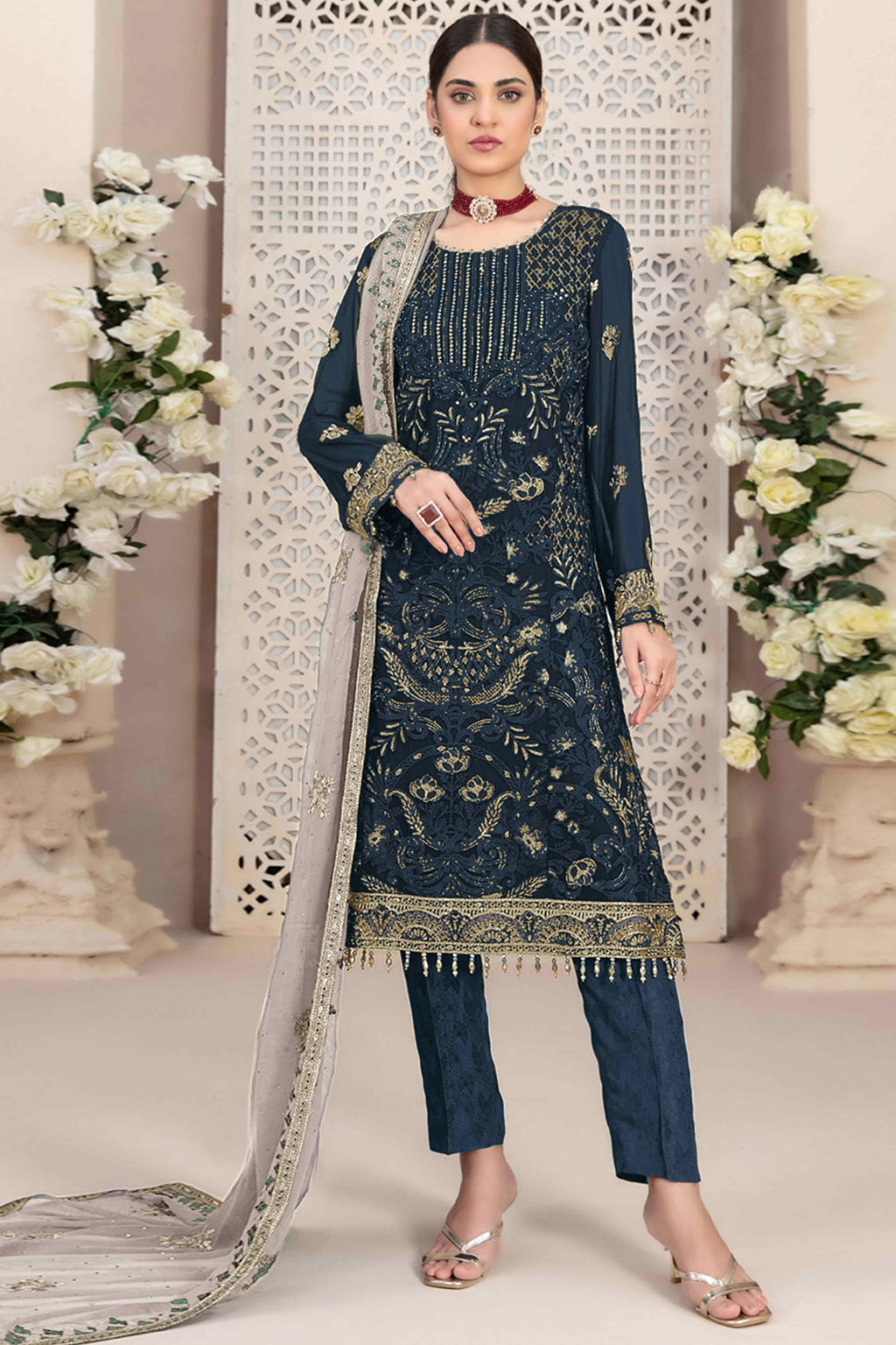 Navy Blue Floral Embroidered Georgette Dress Material