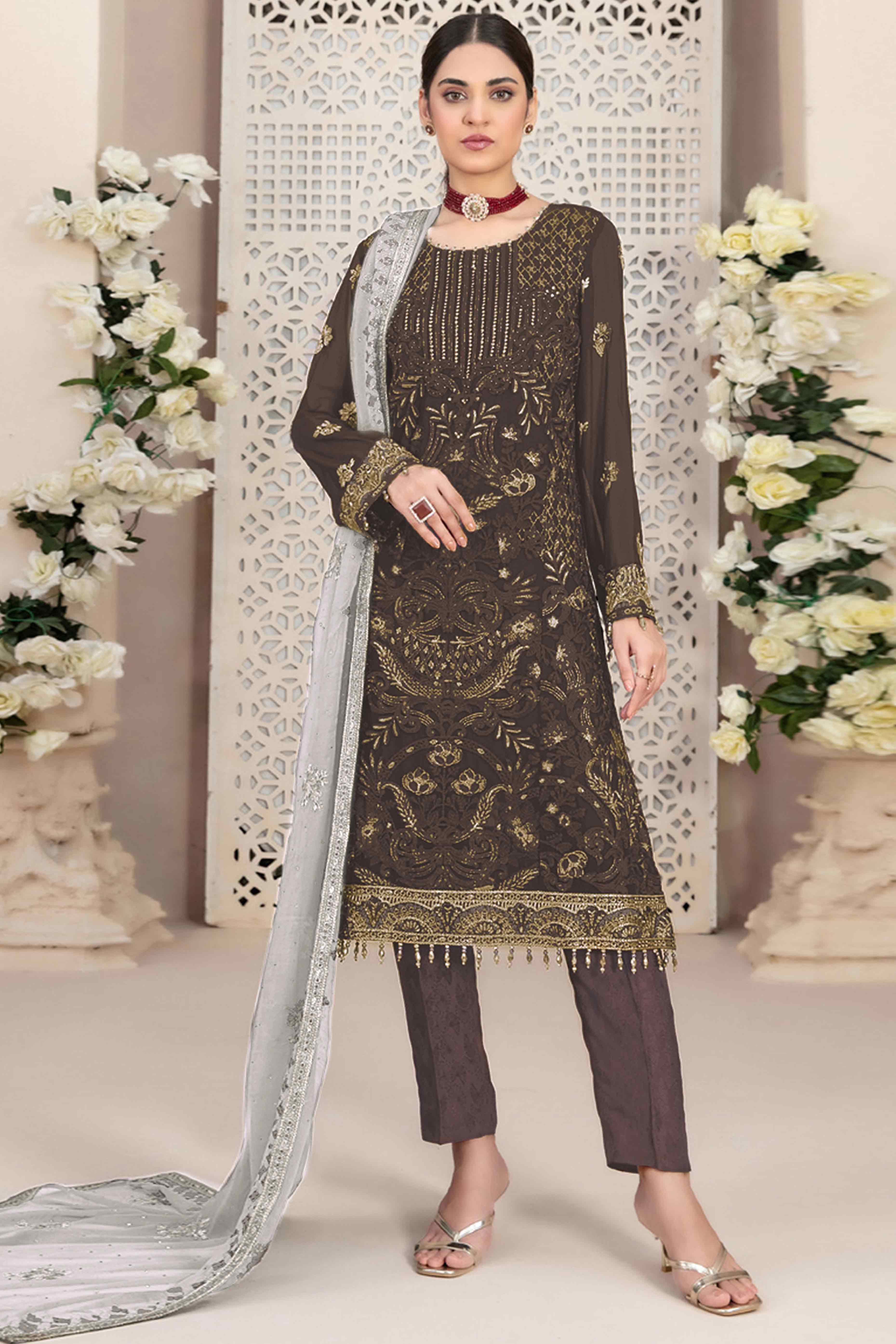 Brown Floral Embroidered Georgette Dress Material