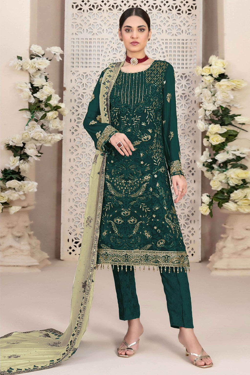 Green Floral Embroidered Georgette Dress Material