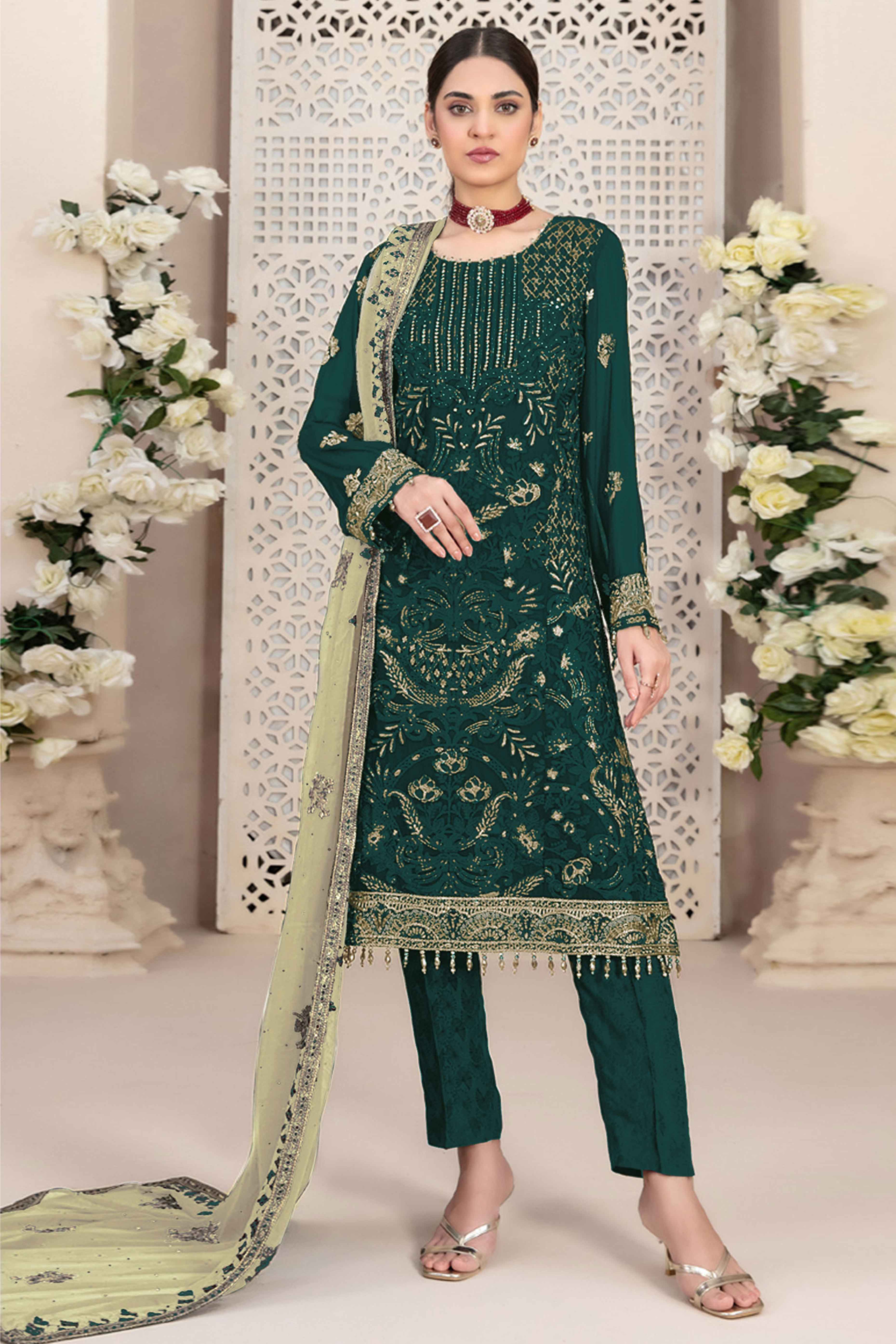 Green Floral Embroidered Georgette Dress Material