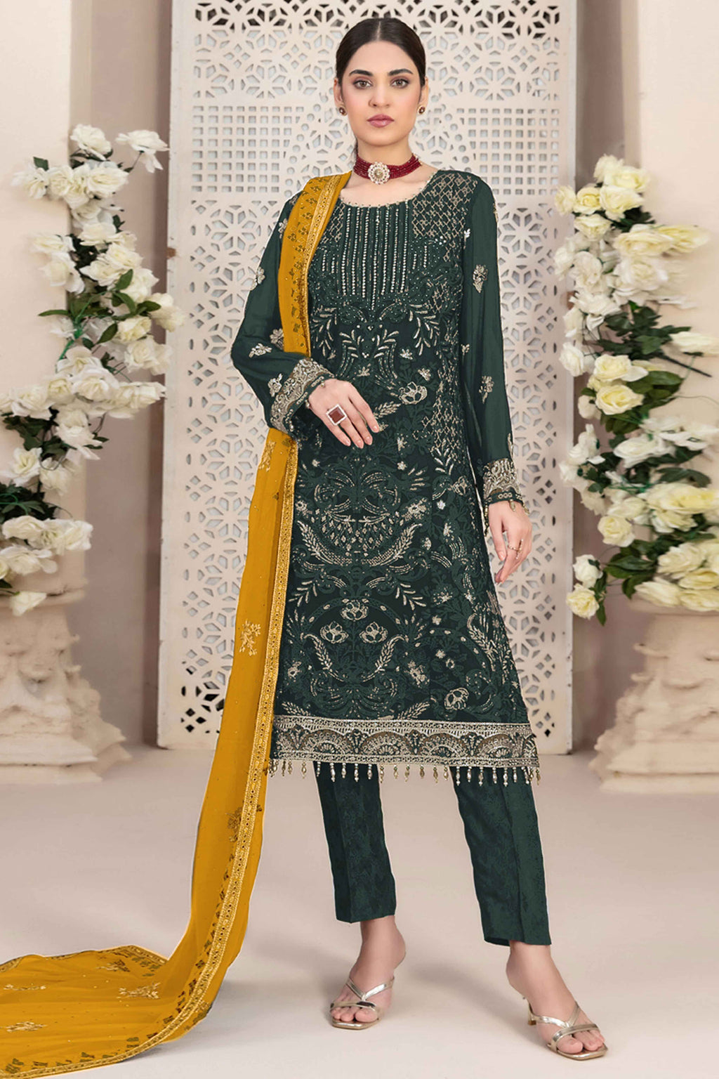 Mehendi Green Floral Embroidered Georgette Dress Material