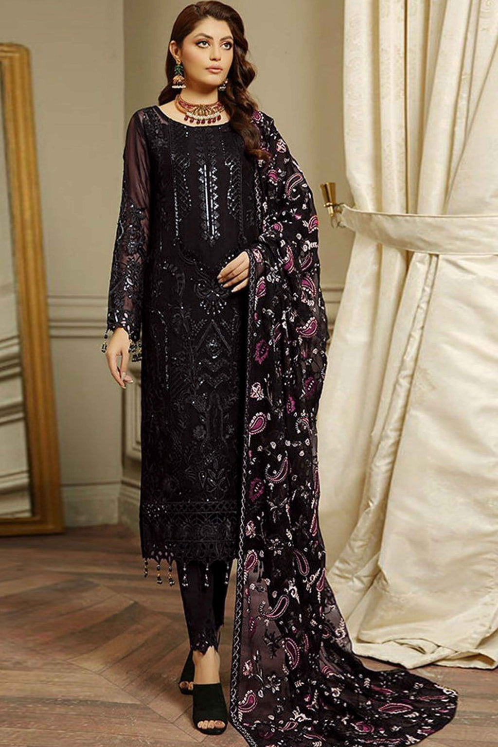 Black Heavy Embroidered Work Georgette Dress Material