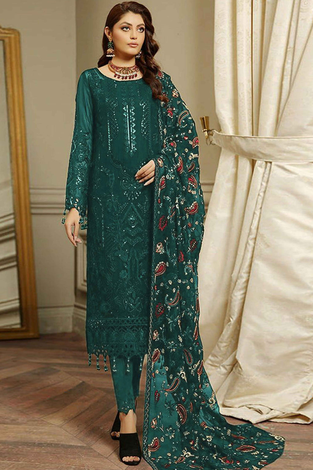 Green Heavy Embroidered Work Georgette Dress Material