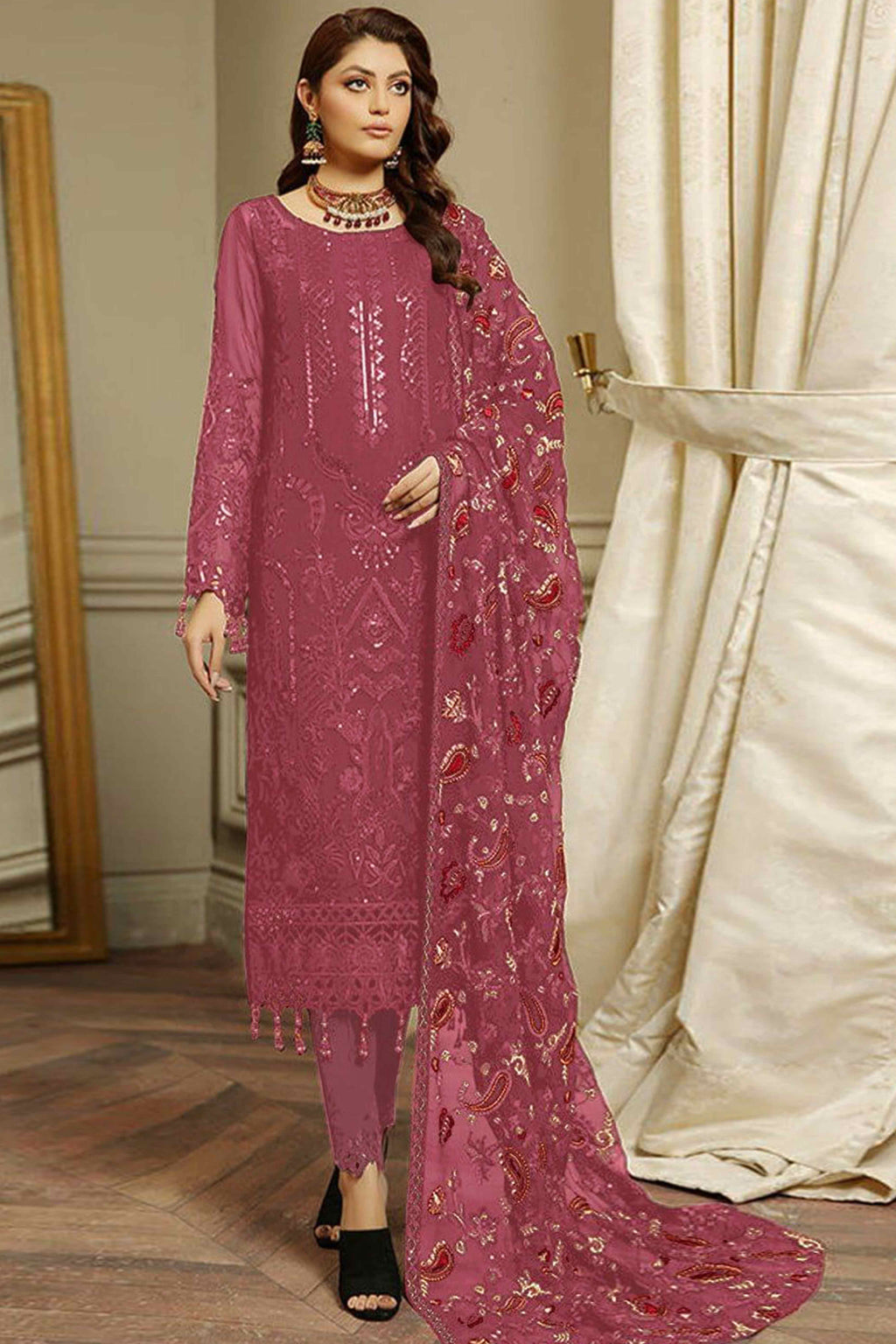 Dusty Pink Heavy Embroidered Work Georgette Dress Material