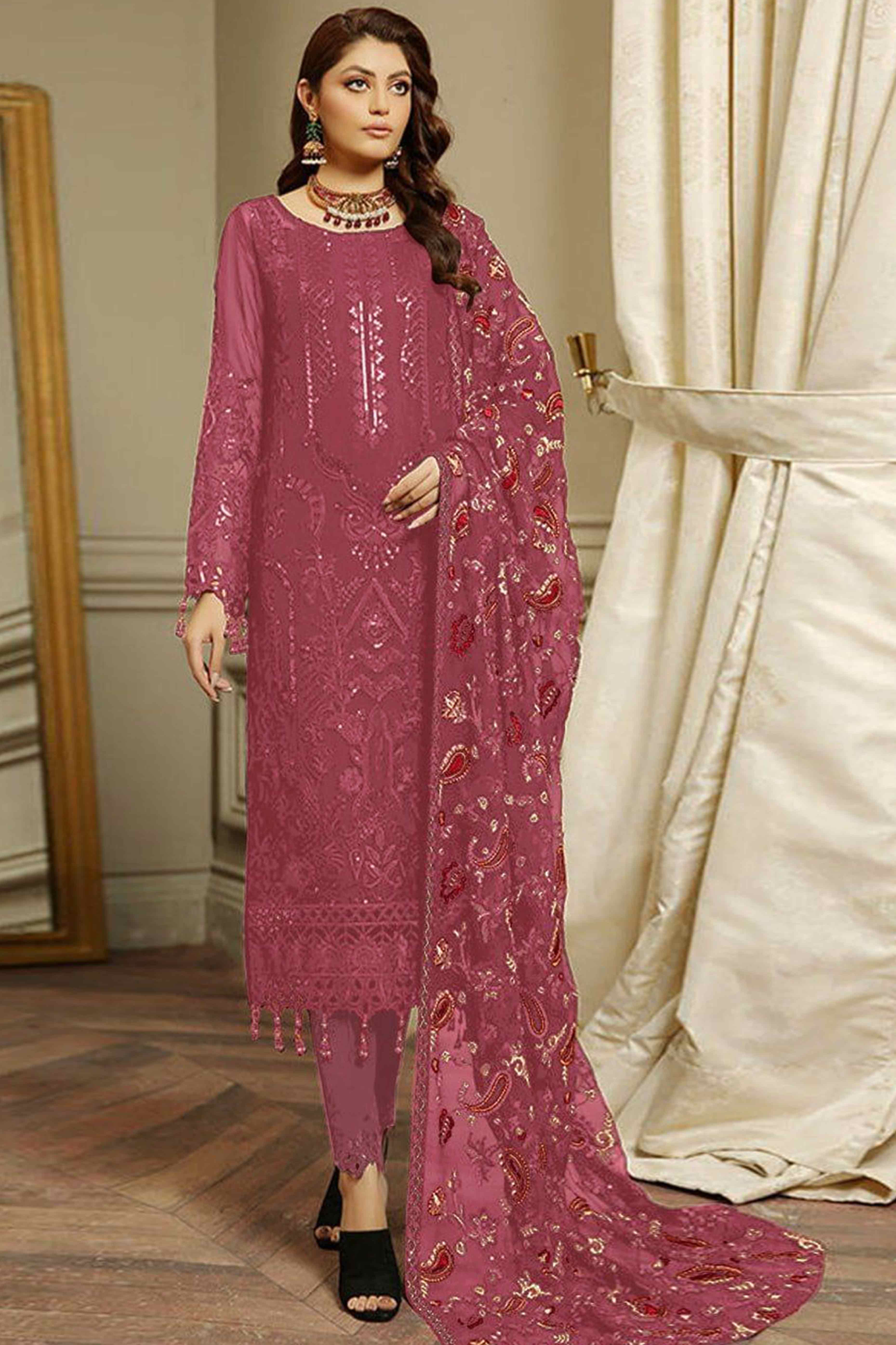 Dusty Pink Heavy Embroidered Work Georgette Dress Material