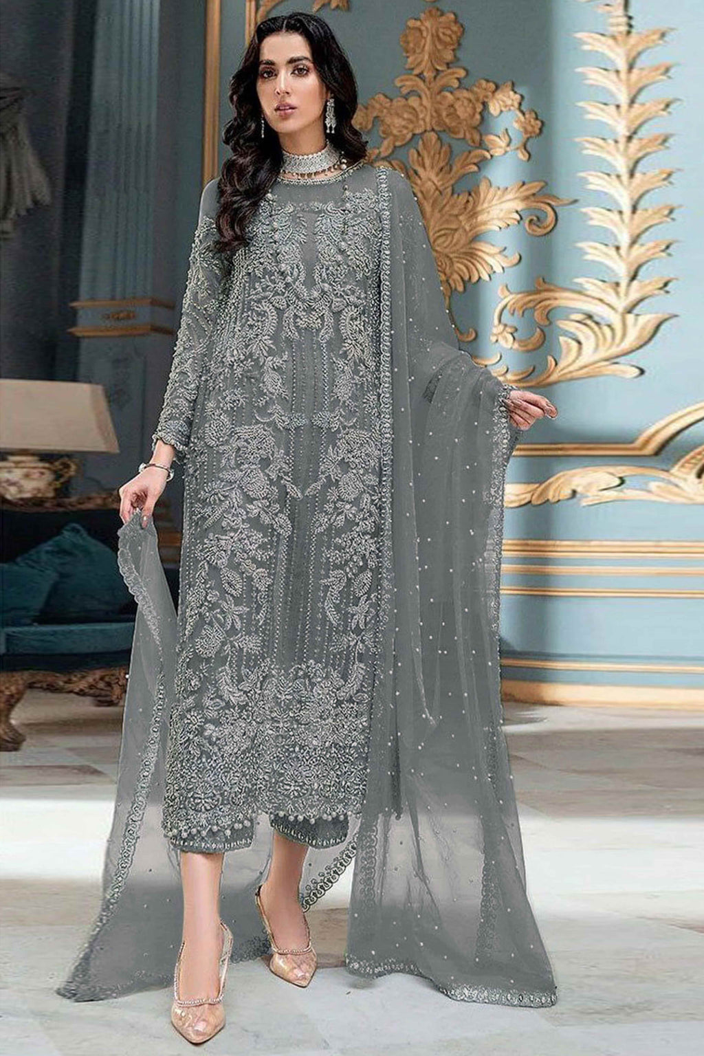 Grey Sequins Embroidered Work Net Dress Material