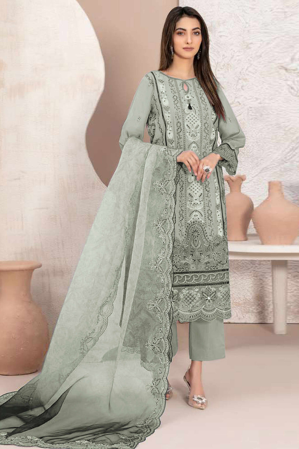 Dusty Green Floral Design Dress Material Crafted from Lightweight Georgette Fabric