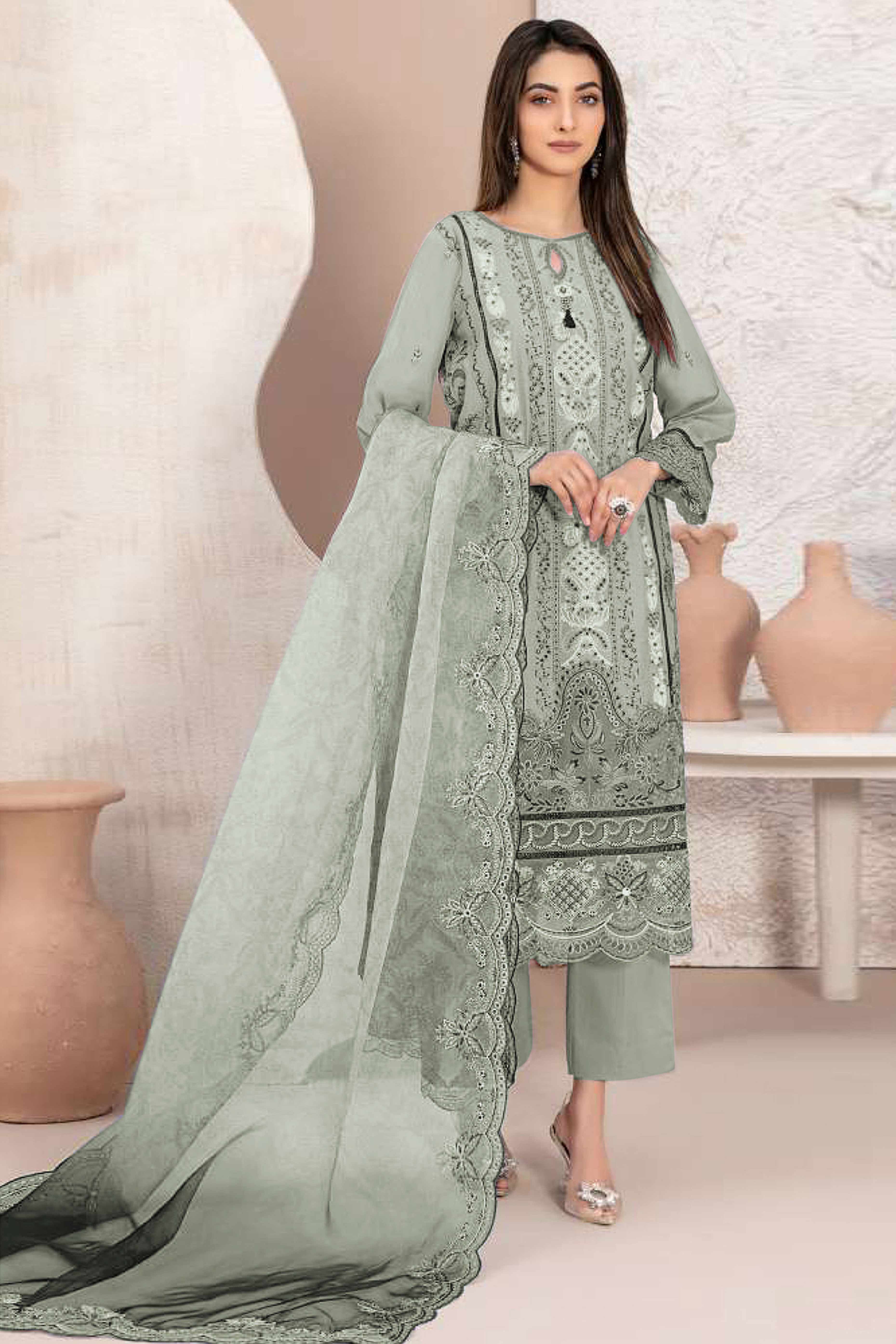 Dusty Green Floral Design Dress Material Crafted from Lightweight Georgette Fabric