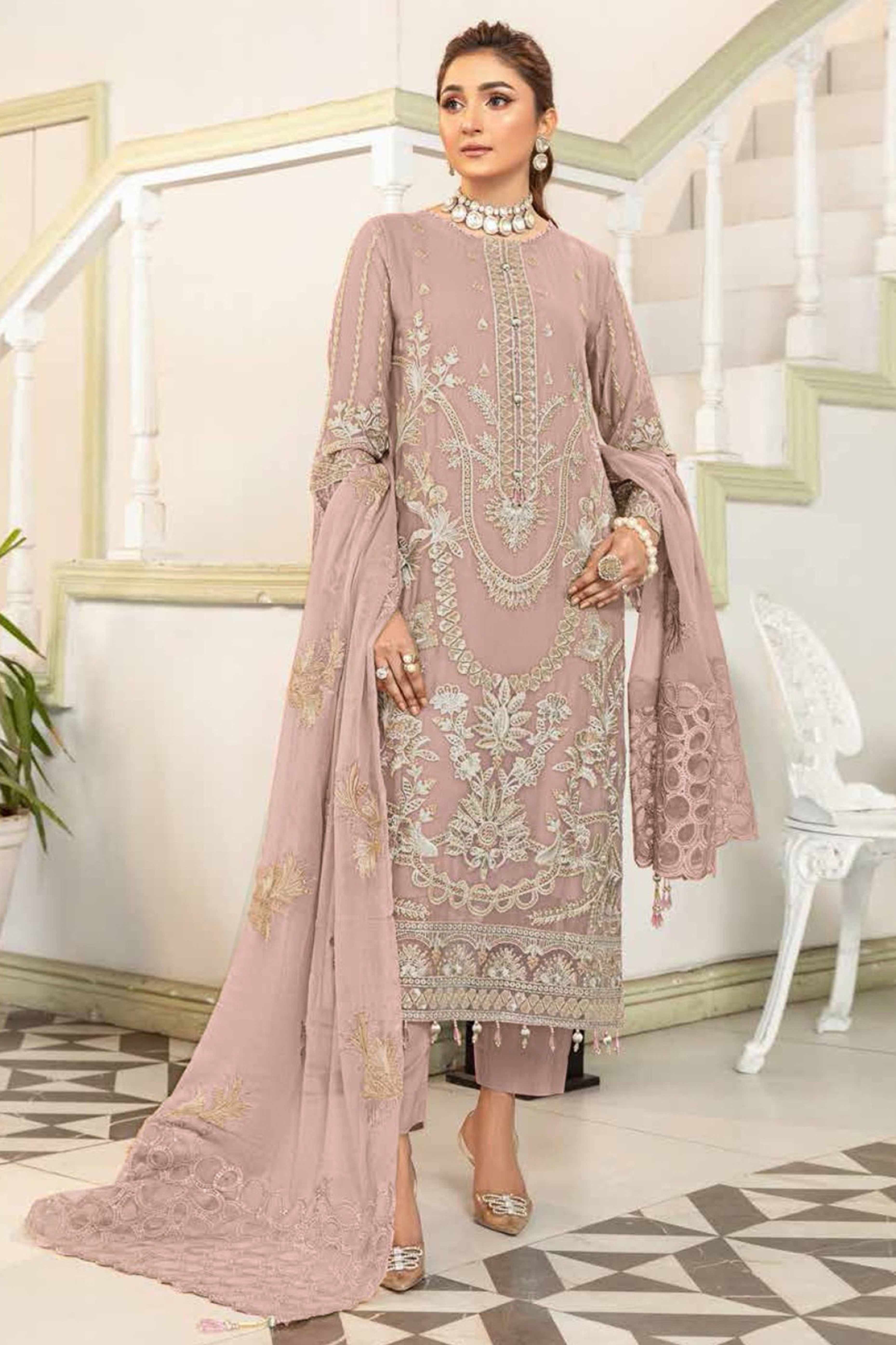 Dusty Rose Floral Design Dress Material Crafted from Lightweight Georgette Fabric