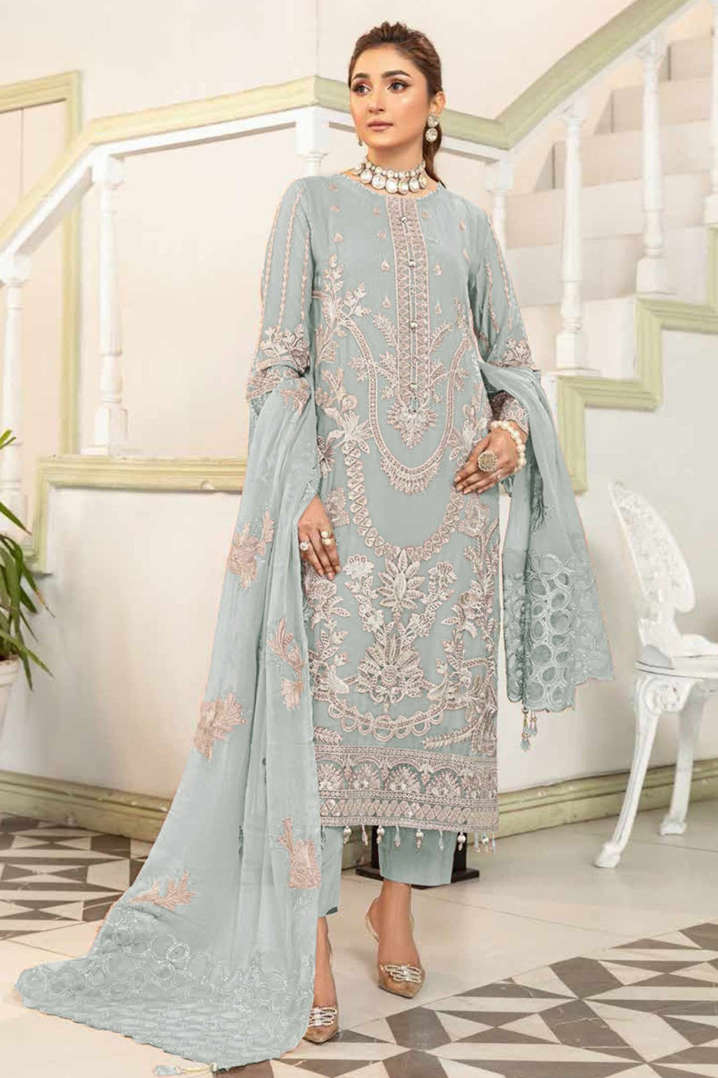 Muted Green Floral Design Dress Material Crafted from Lightweight Georgette Fabric