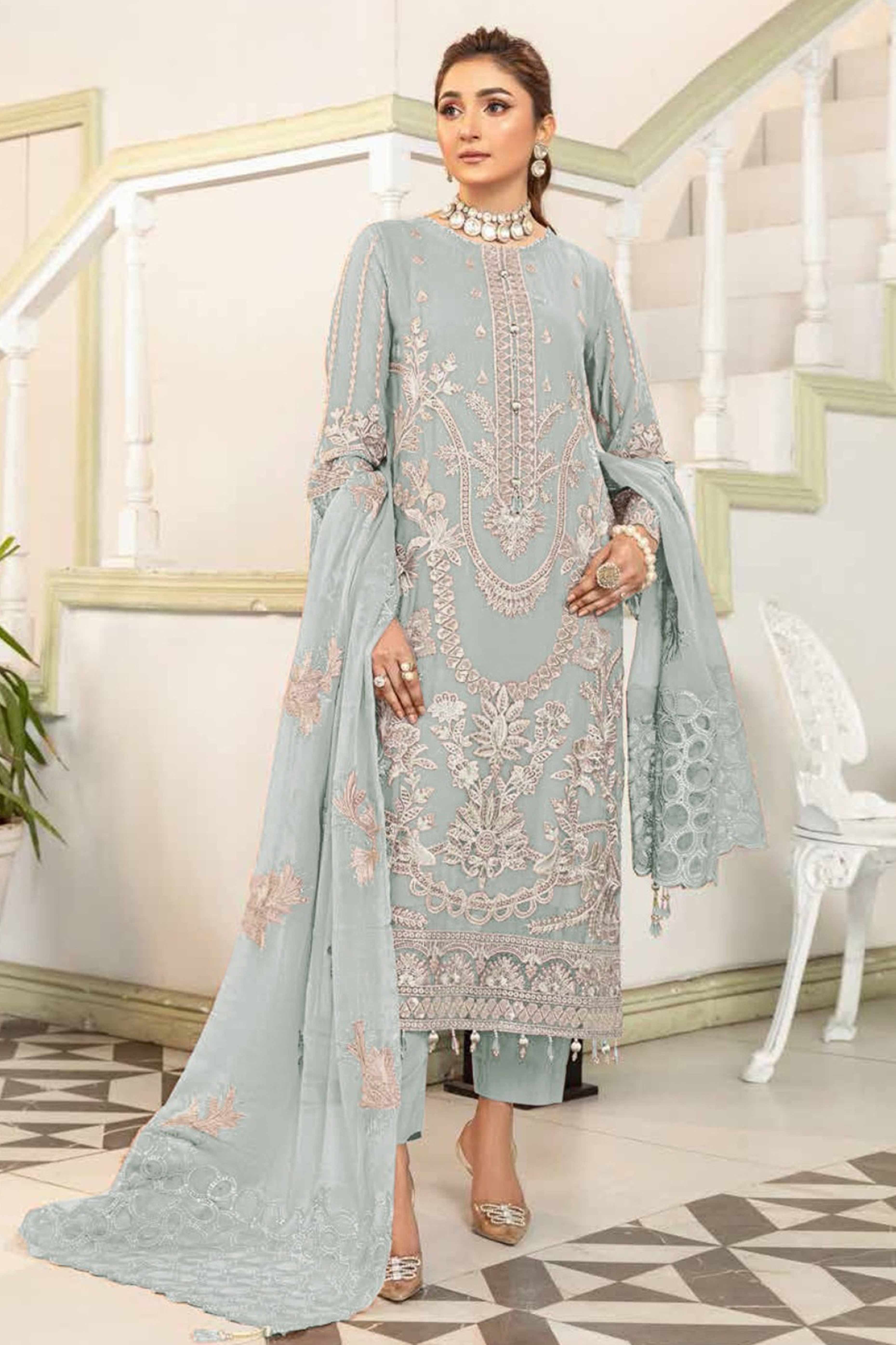 Muted Green Floral Design Dress Material Crafted from Lightweight Georgette Fabric