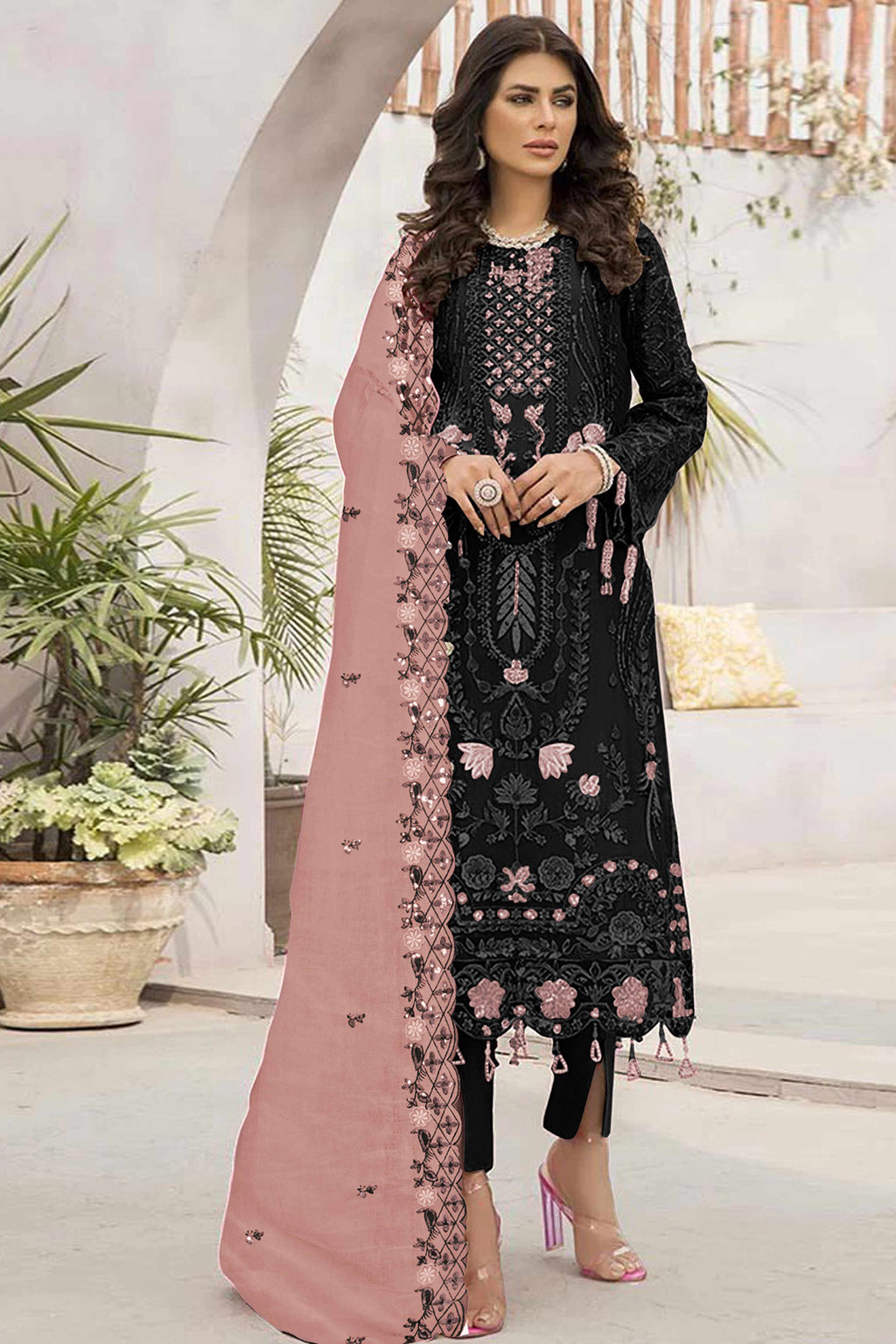 Black Floral Design Dress Material Crafted from Lightweight Georgette Fabric