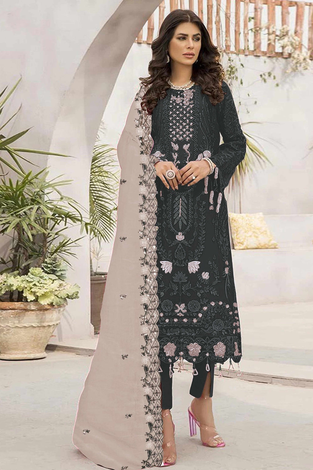 Dark Green Floral Design Dress Material Crafted from Lightweight Georgette Fabric