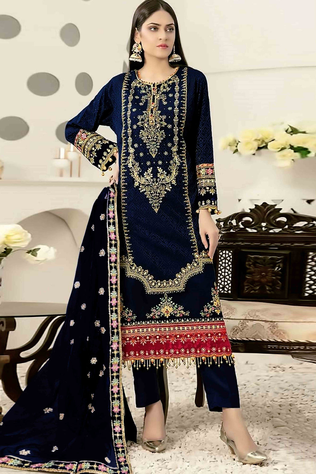 Blue Velvet Dress Material Adorned with Sequins & Thread Embroidery