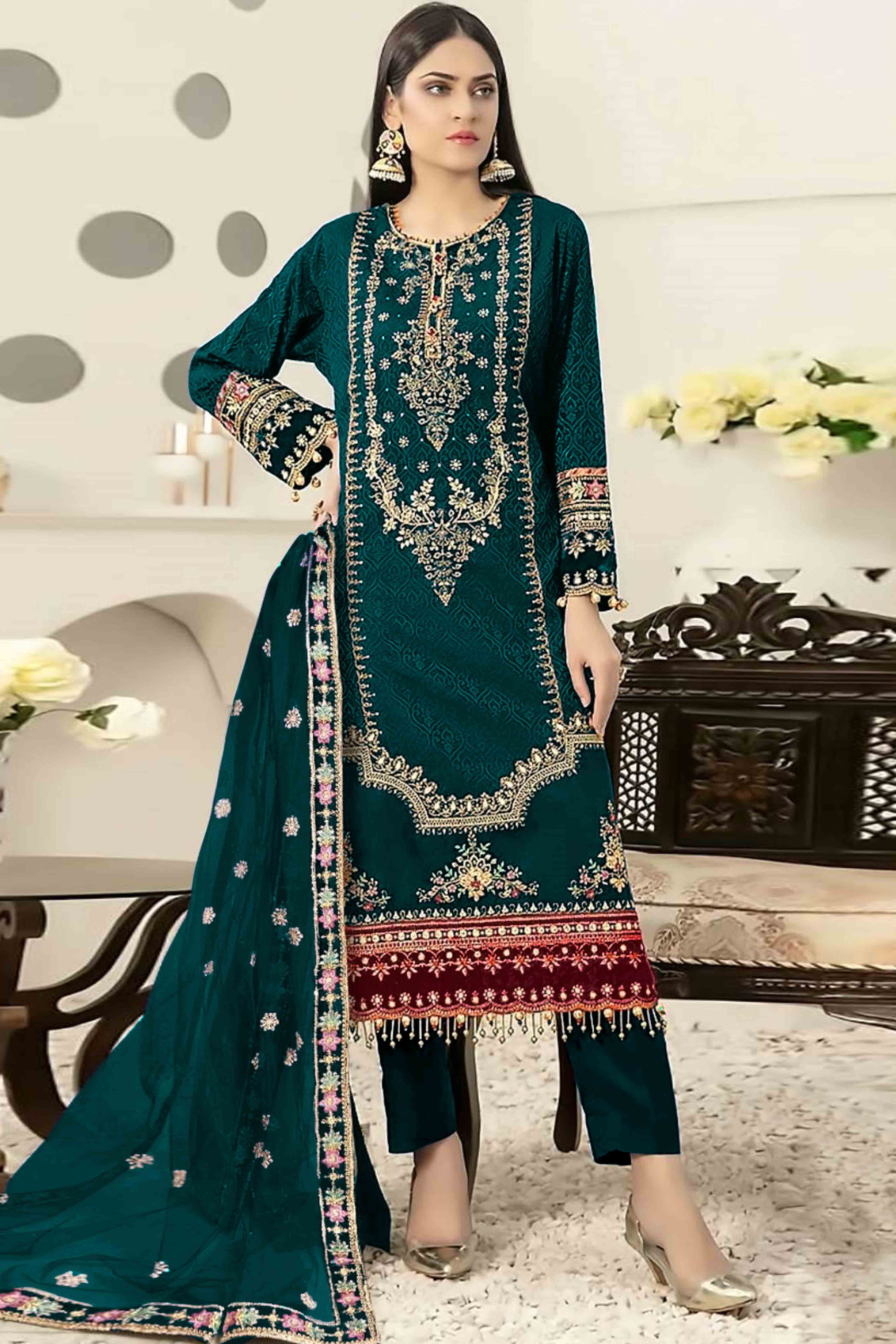 Bottle Green Velvet Dress Material Adorned with Sequins & Thread Embroidery