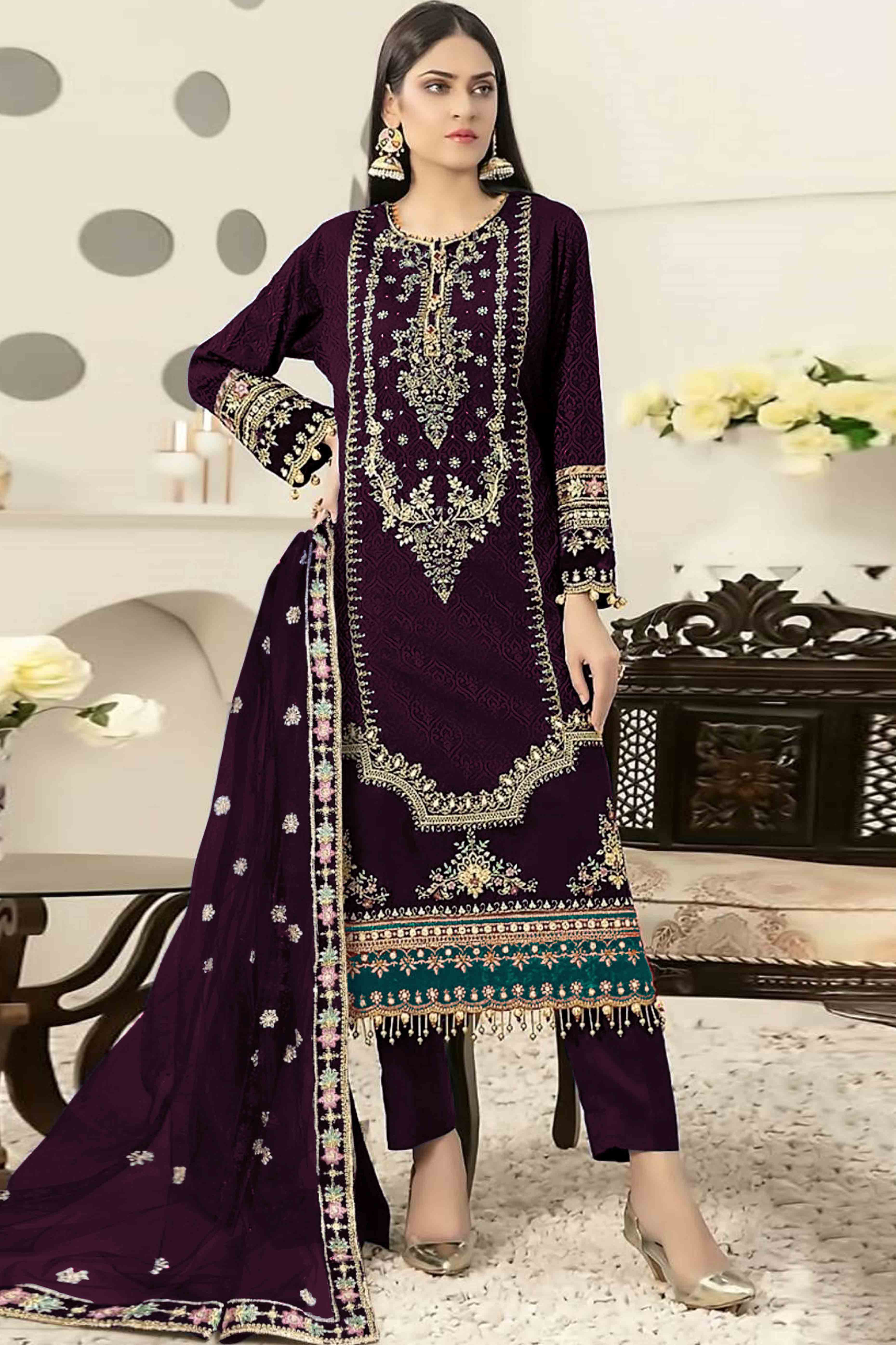 Dark Purple Velvet Dress Material Adorned with Sequins & Thread Embroidery