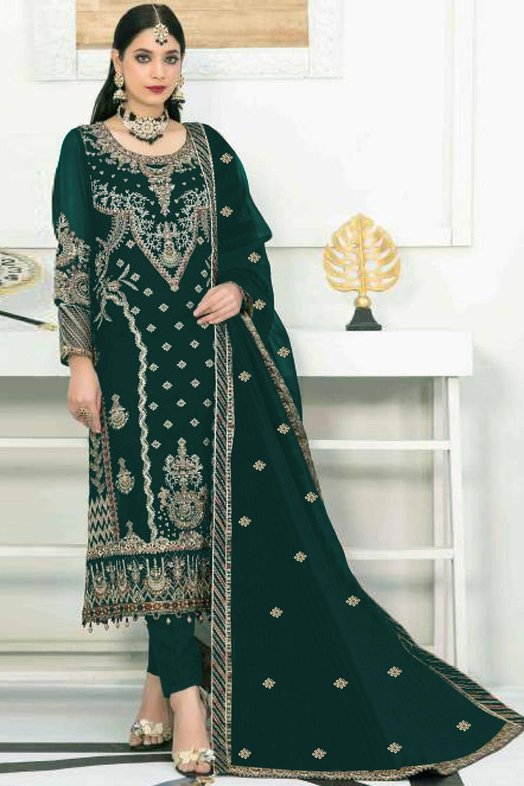 Green Velvet Dress Material Adorned with Sequins & Thread Embroidery