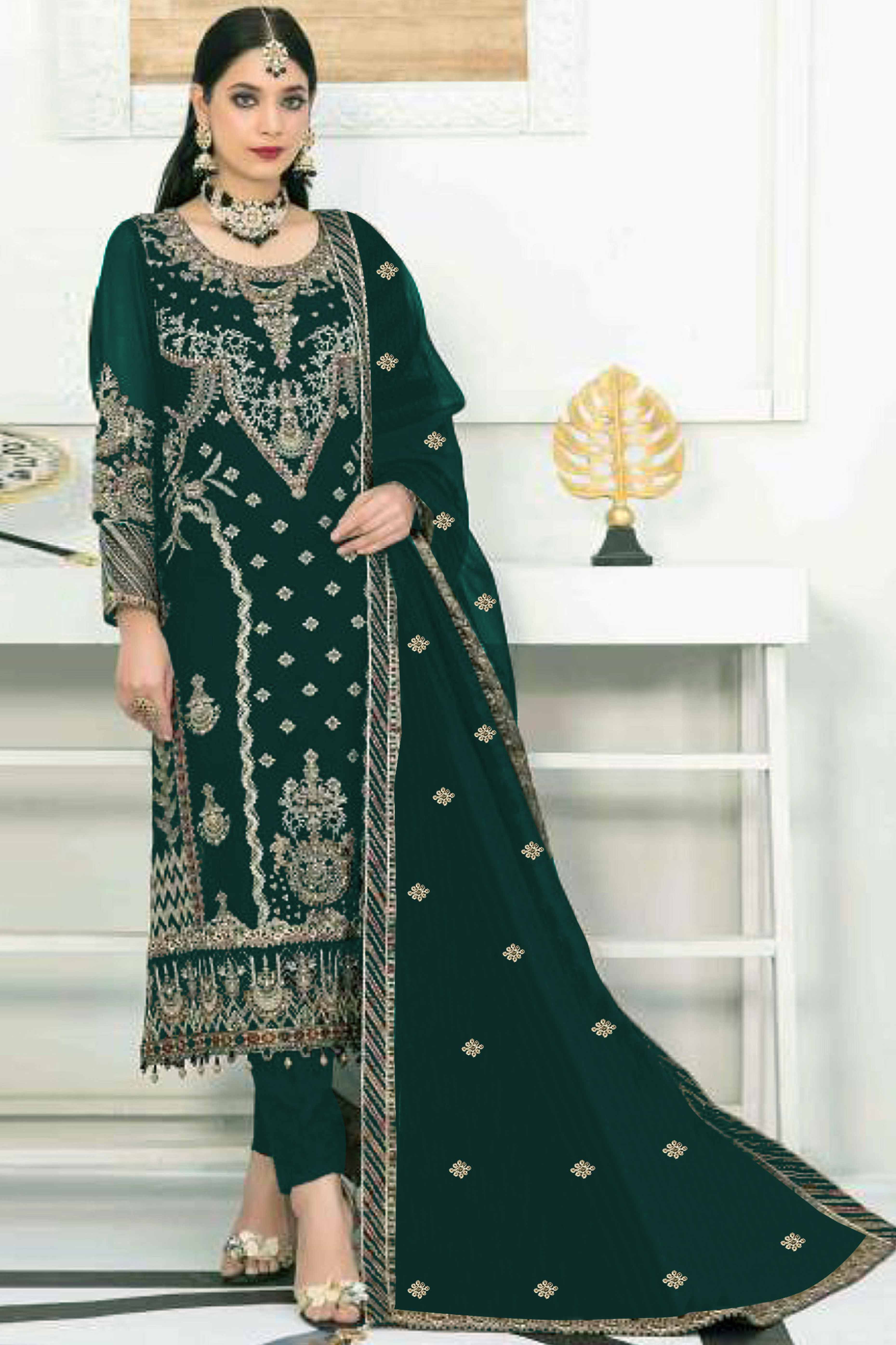 Green Velvet Dress Material Adorned with Sequins & Thread Embroidery