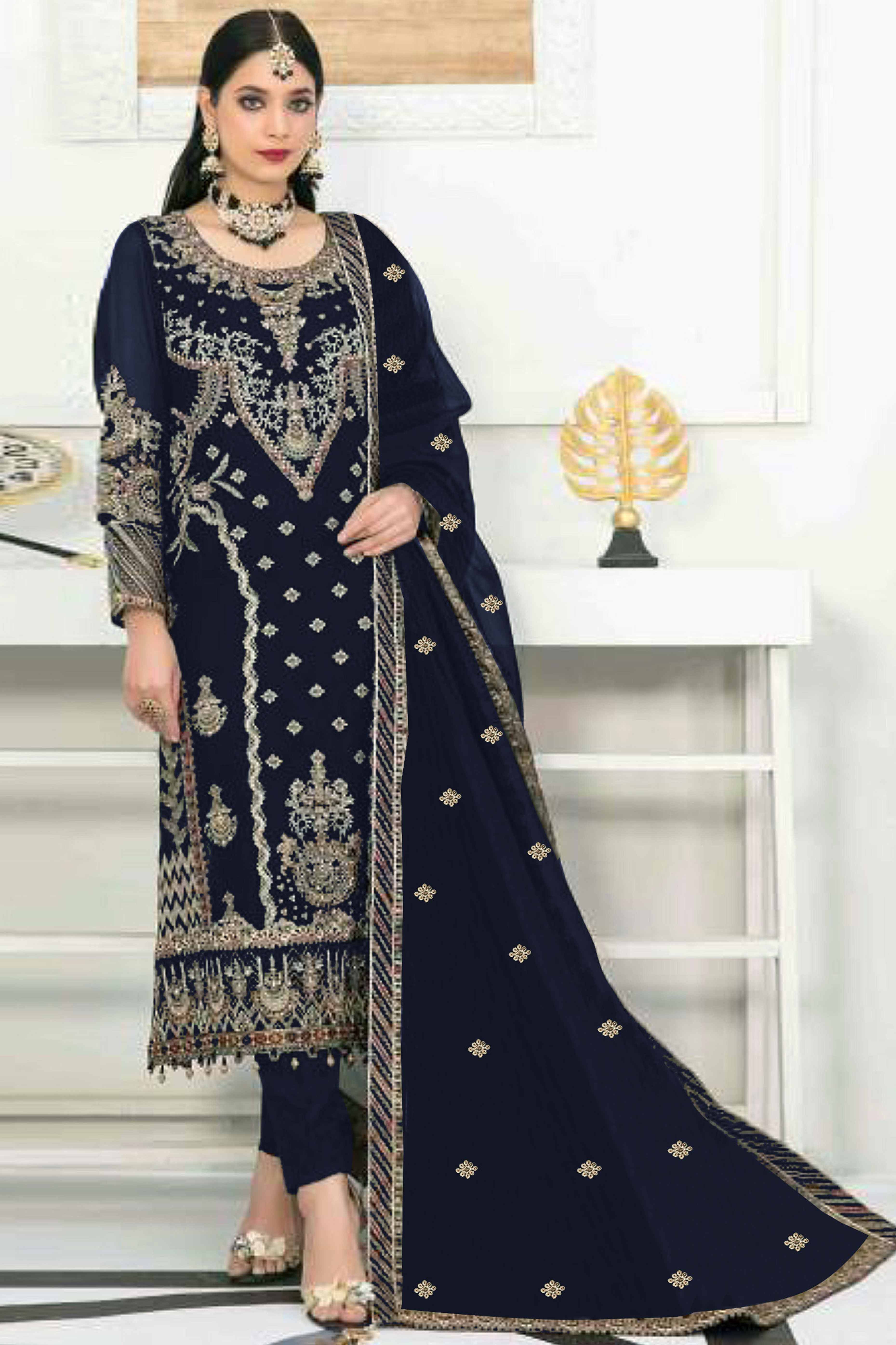 Navy Blue Velvet Dress Material Adorned with Sequins & Thread Embroidery