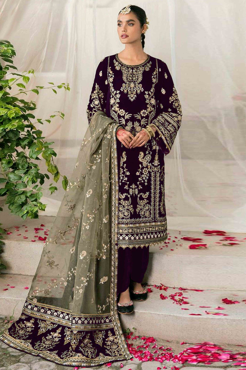 Dark Purple Velvet Dress Material Adorned with Sequins & Thread Embroidery